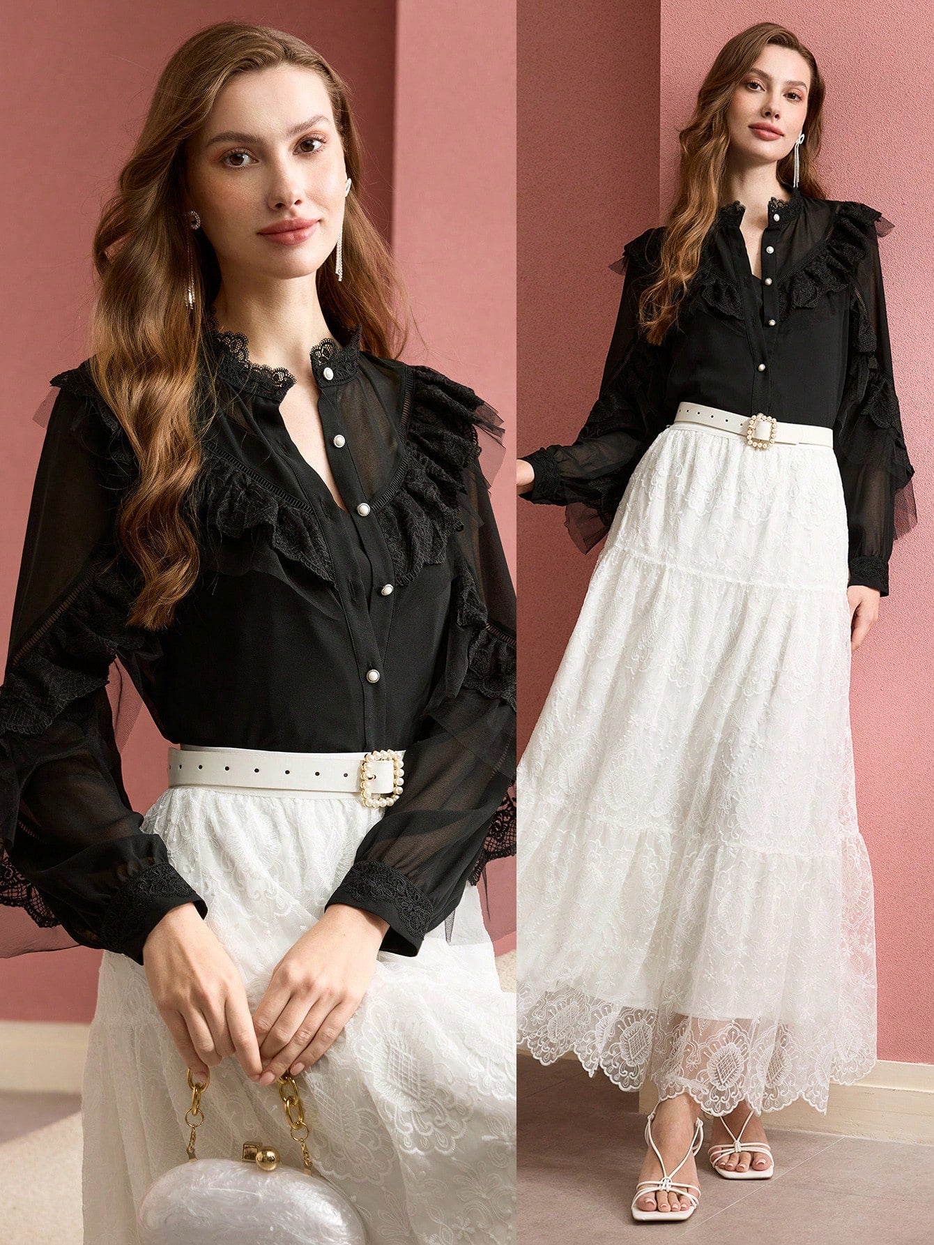 CM-TS559507 Women Elegant Seoul Style Stand Collar Long Sleeve Contrast Lace Ruffle Trim Blouse - Black
