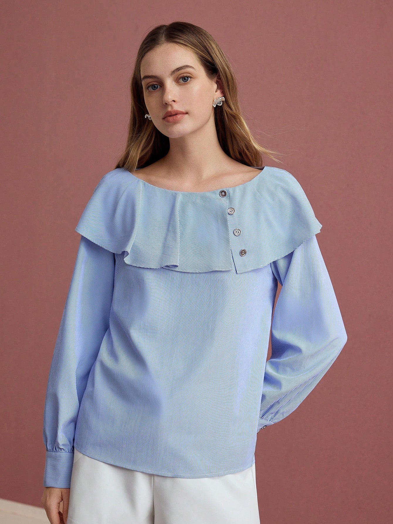 CM-TS321570 Women Elegant Seoul Style Round Neck Long Sleeve Striped Ruffle Trim Blouse - Blue