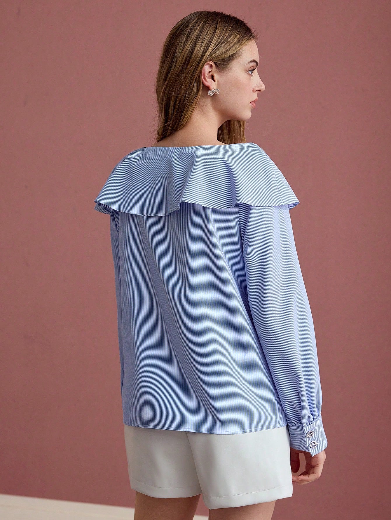 CM-TS321570 Women Elegant Seoul Style Round Neck Long Sleeve Striped Ruffle Trim Blouse - Blue