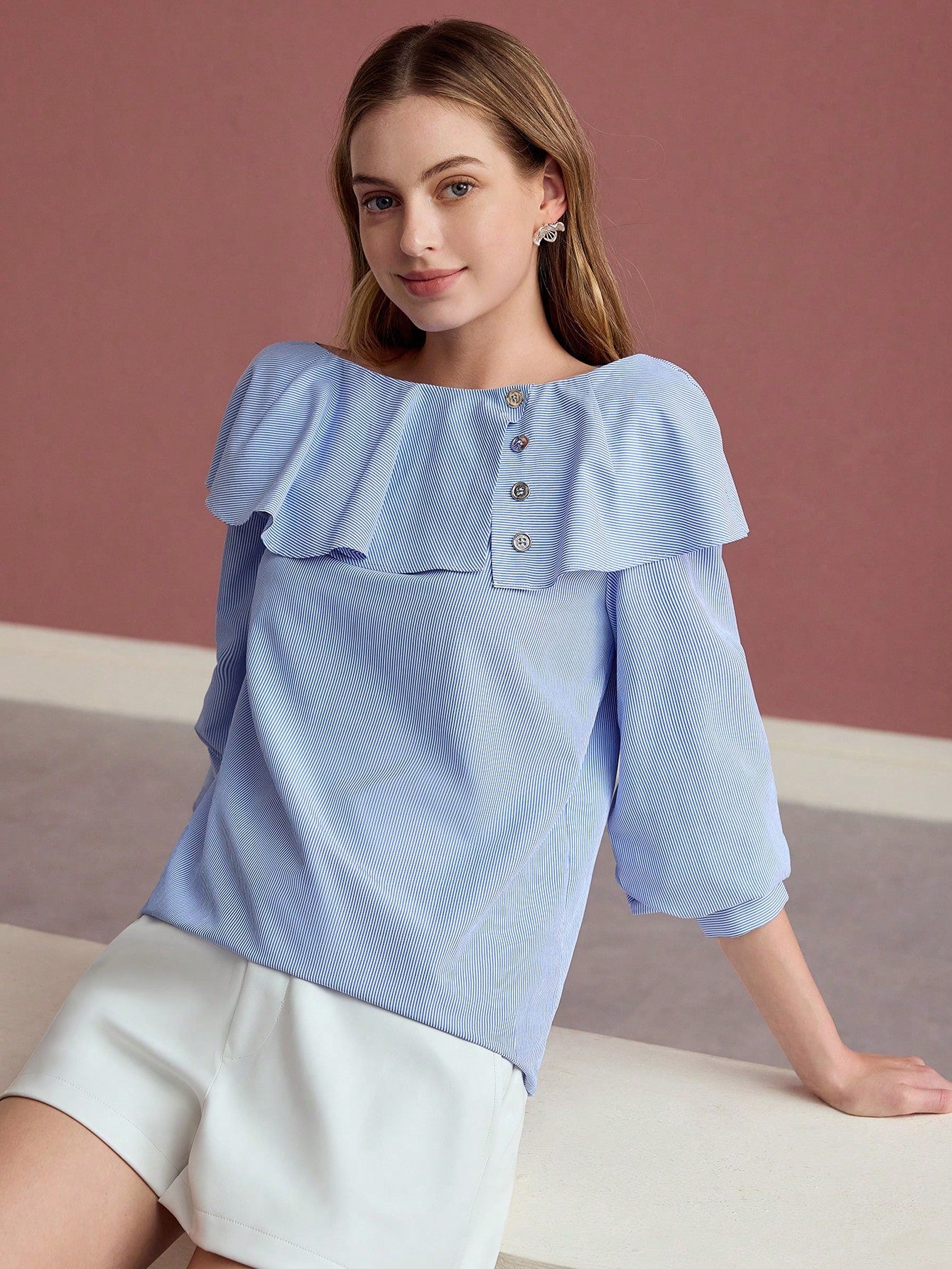 CM-TS321570 Women Elegant Seoul Style Round Neck Long Sleeve Striped Ruffle Trim Blouse - Blue