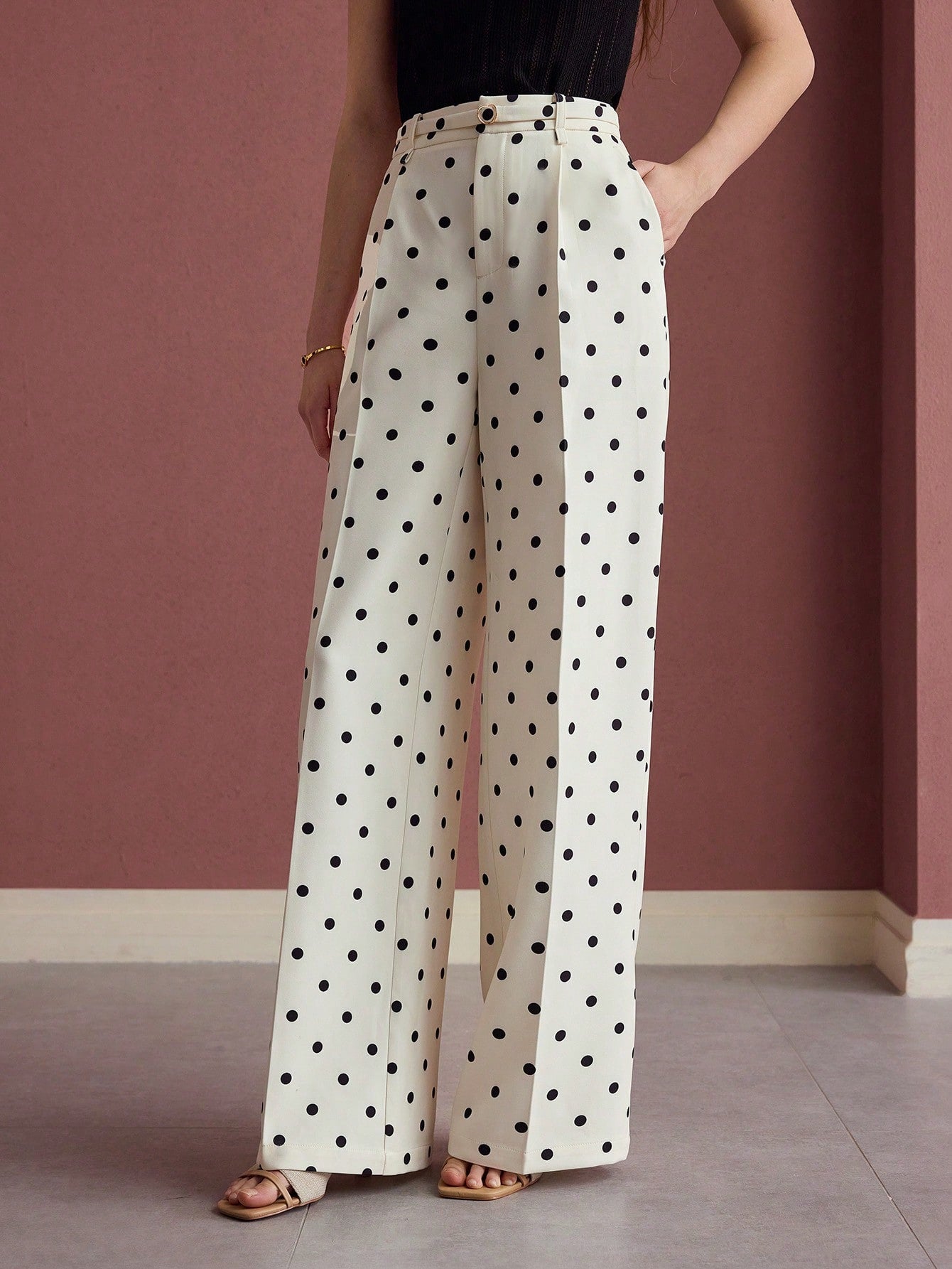 CM-BS524032 Women Elegant Seoul Style Polka Dot Press Crease High Waist Wide Leg Pants