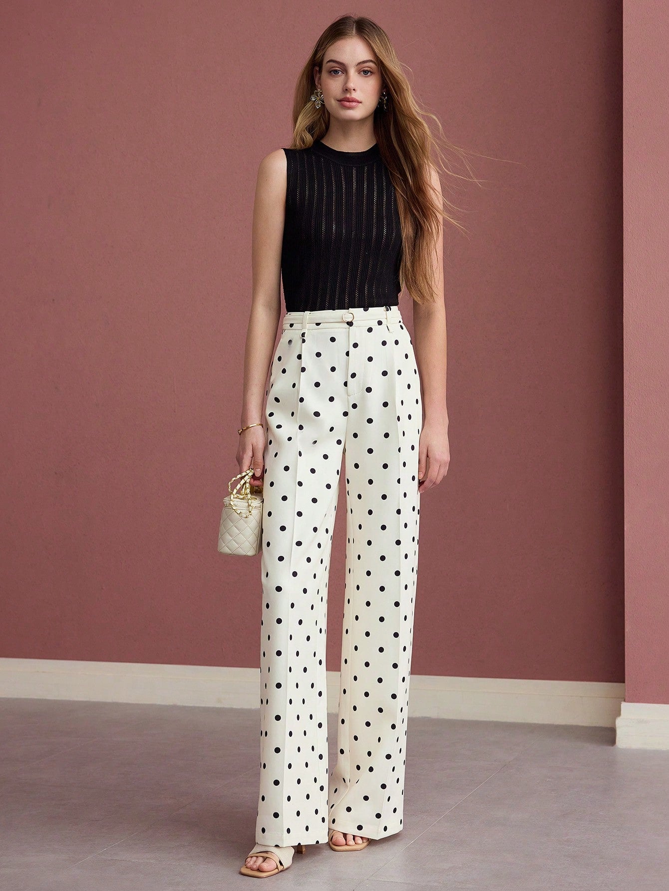 CM-BS524032 Women Elegant Seoul Style Polka Dot Press Crease High Waist Wide Leg Pants