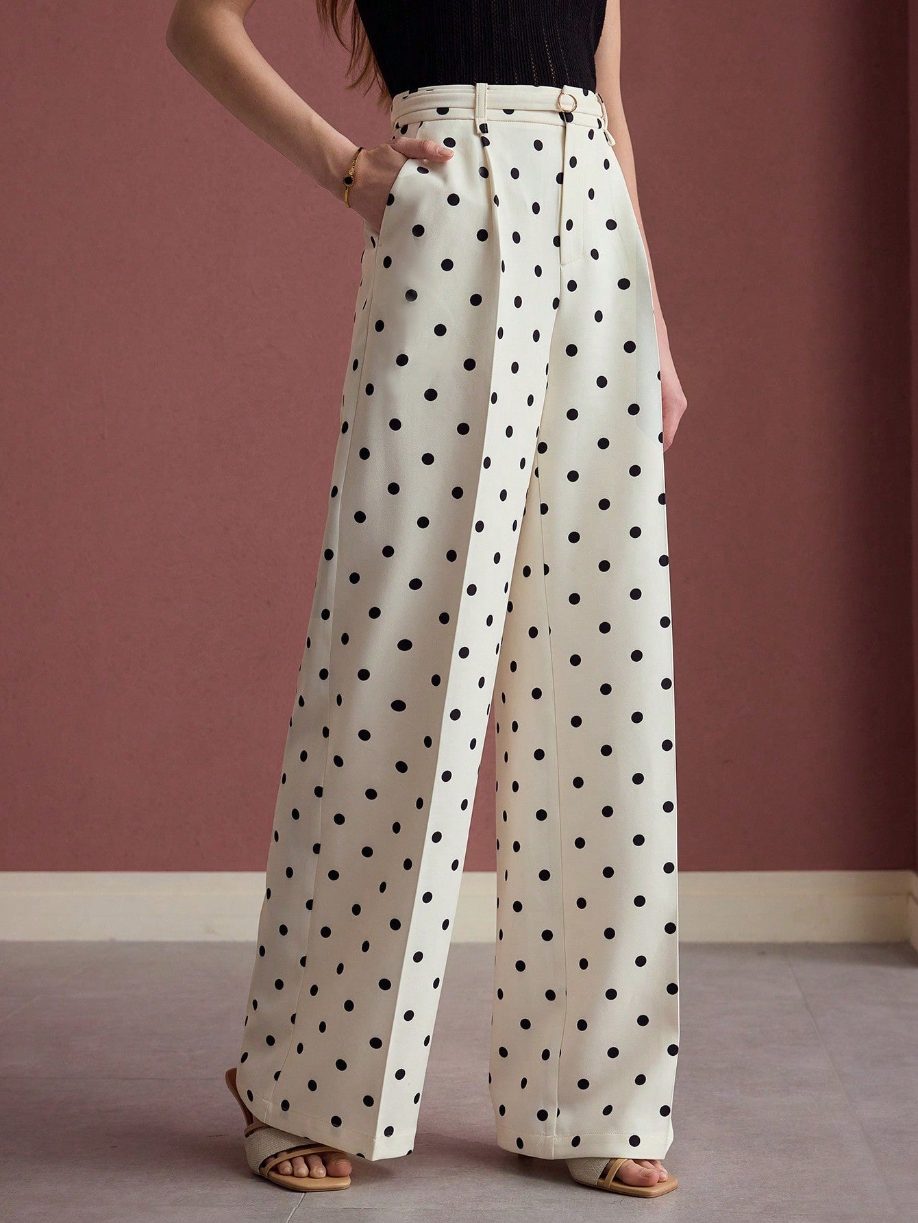 CM-BS524032 Women Elegant Seoul Style Polka Dot Press Crease High Waist Wide Leg Pants