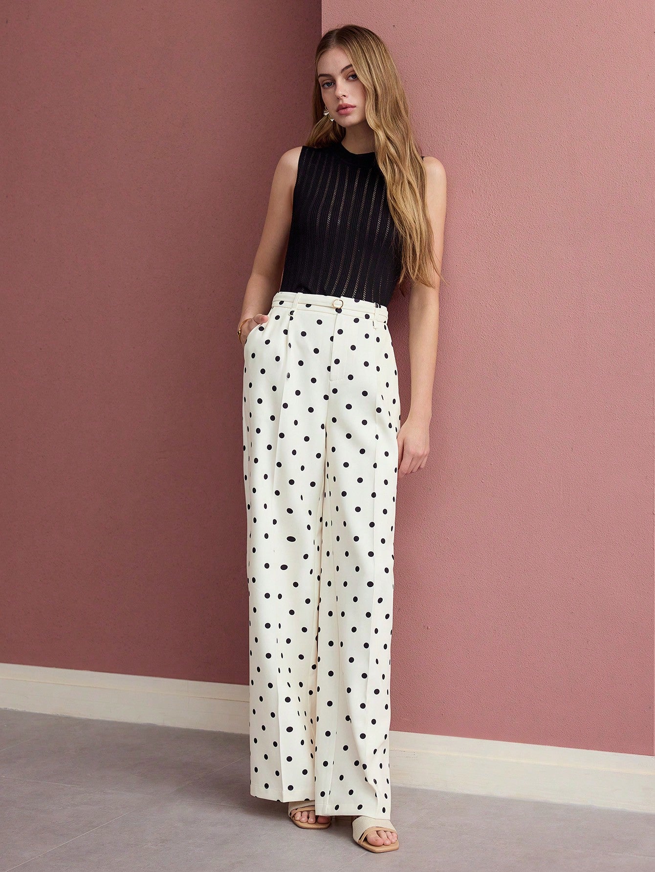 CM-BS524032 Women Elegant Seoul Style Polka Dot Press Crease High Waist Wide Leg Pants