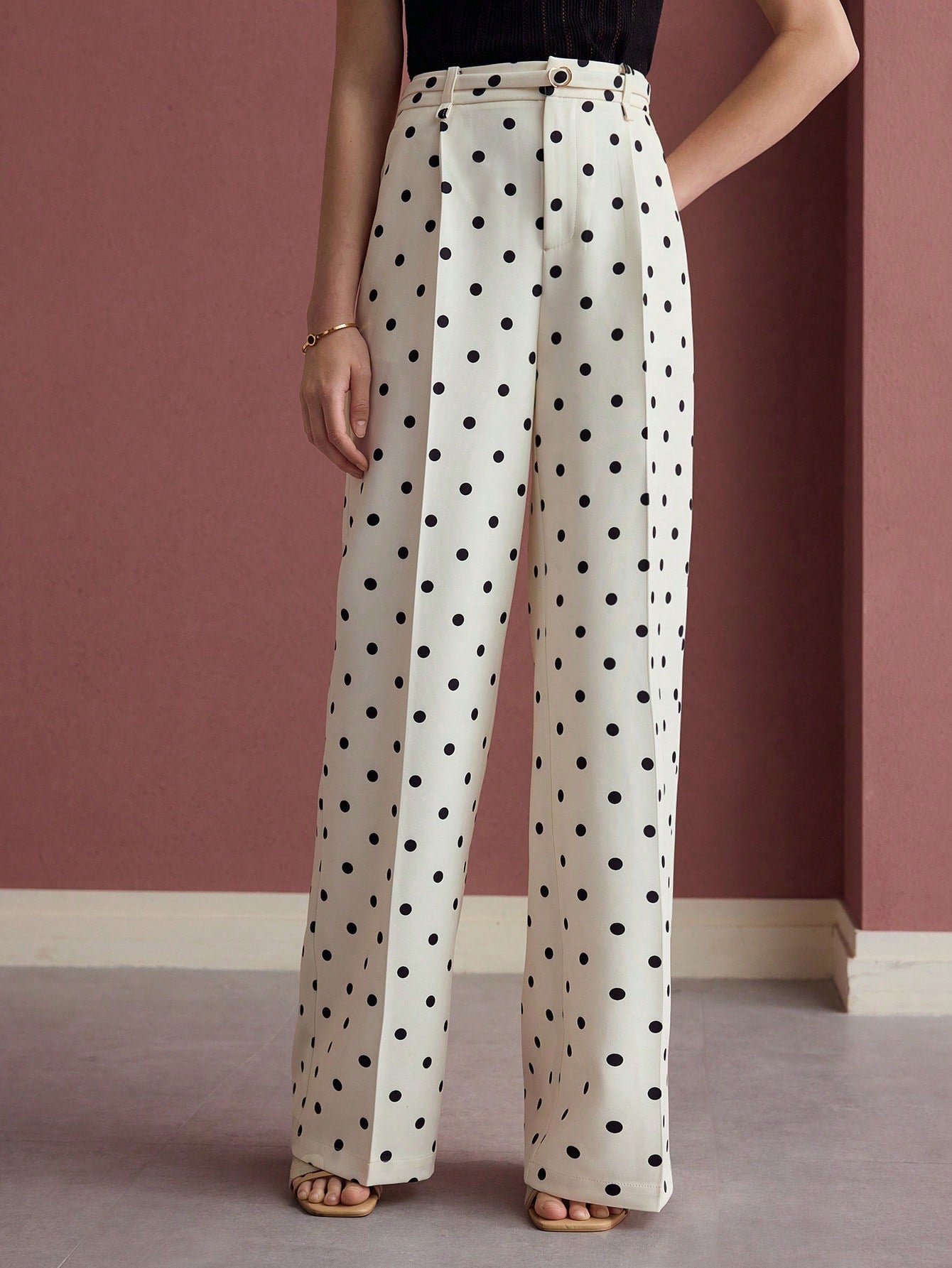 CM-BS524032 Women Elegant Seoul Style Polka Dot Press Crease High Waist Wide Leg Pants