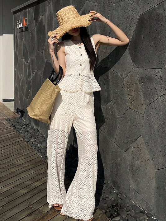 CM-SS898740 Women Trendy Bohemian Style Lace Round Neck Sleeveless Top With Wide Leg Pants - Set