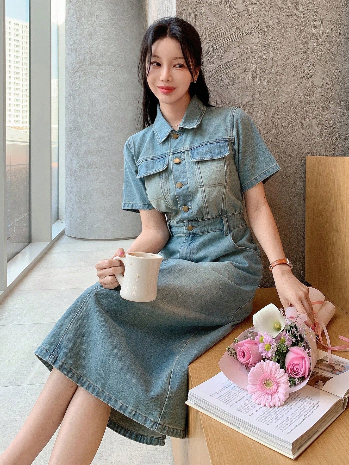 CM-DS655556 Women Casual Seoul Style Collar Neckline Medium Wash Slit Pocket Denim Dress