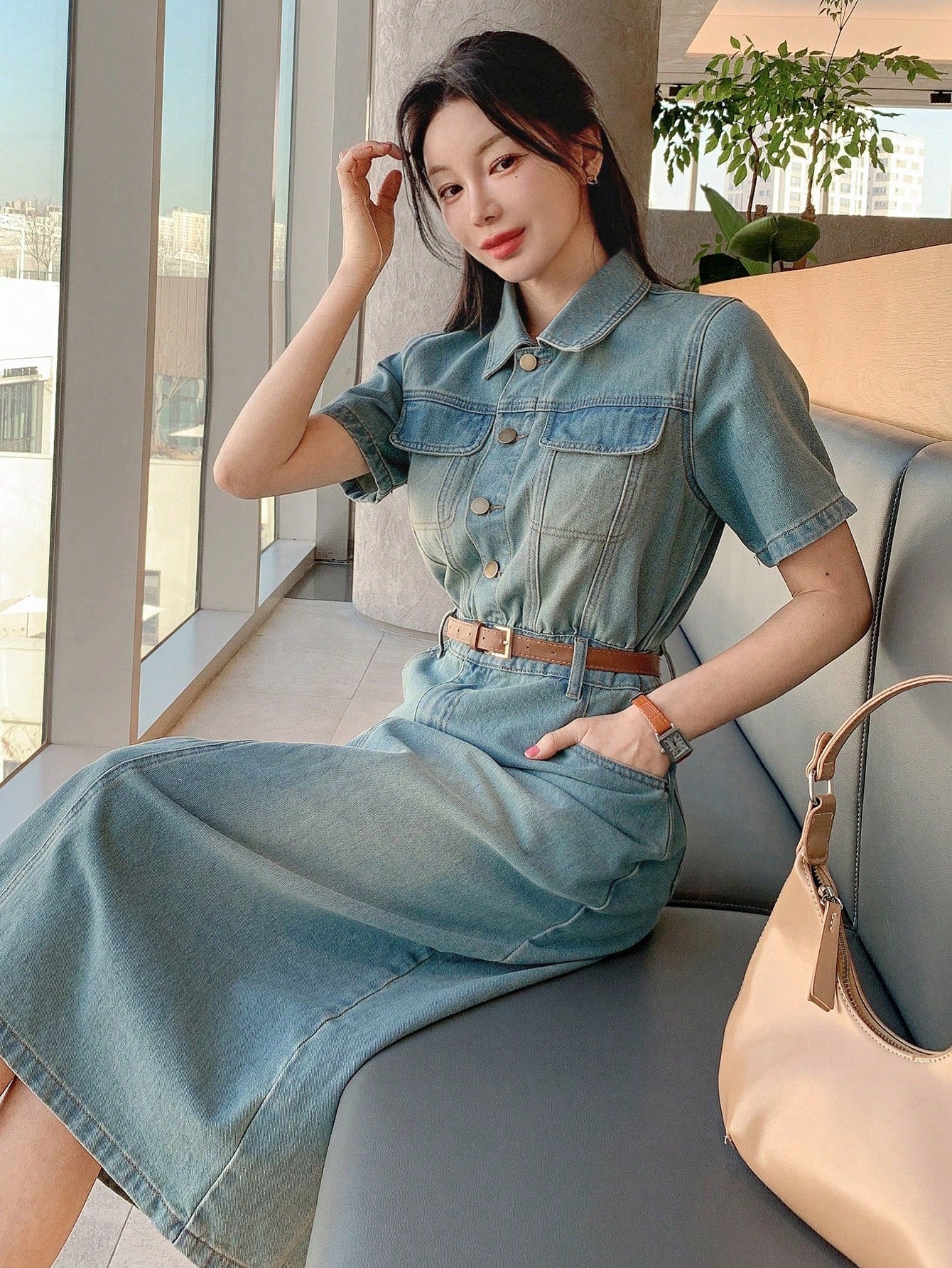 CM-DS655556 Women Casual Seoul Style Collar Neckline Medium Wash Slit Pocket Denim Dress