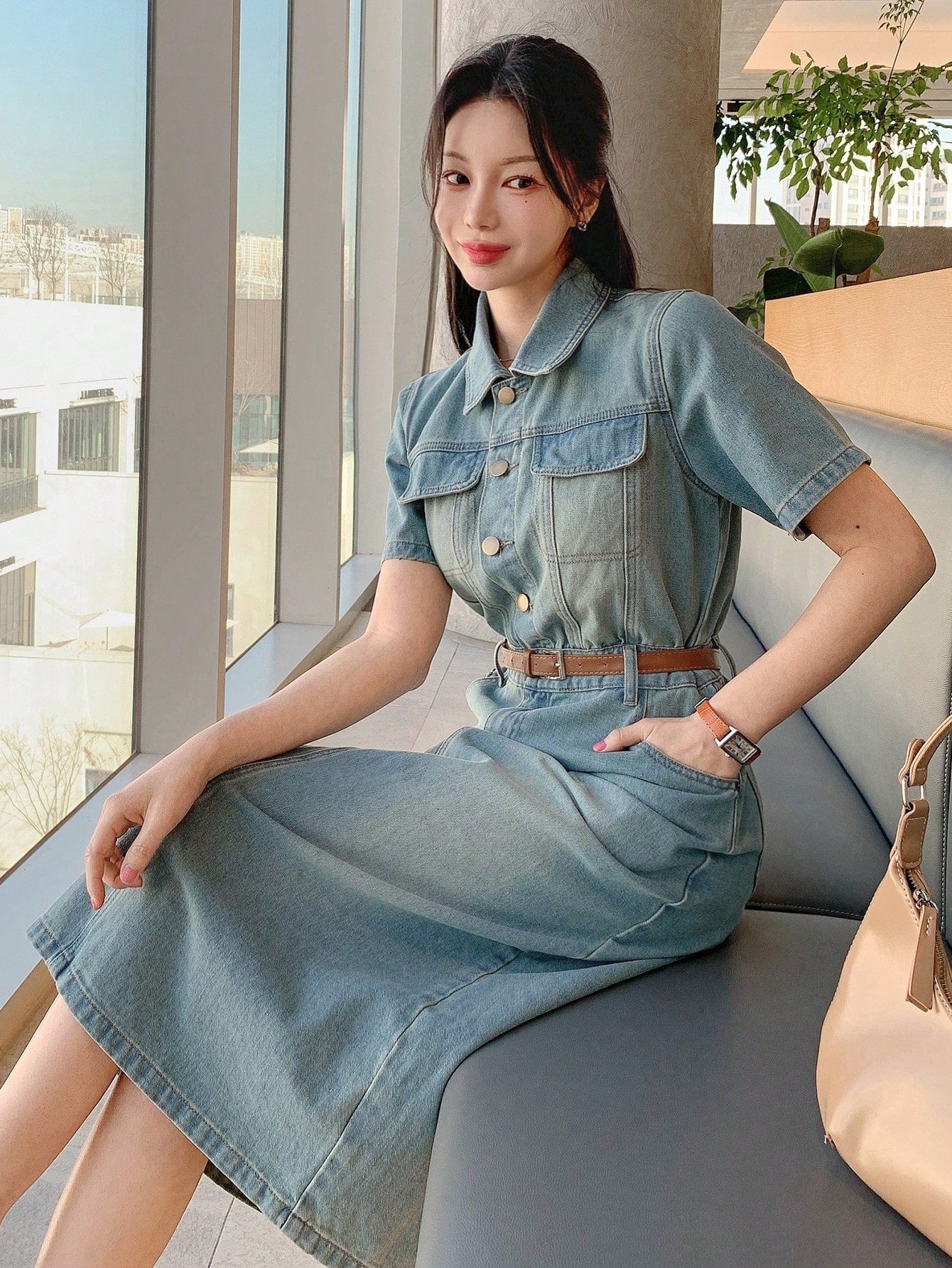 CM-DS655556 Women Casual Seoul Style Collar Neckline Medium Wash Slit Pocket Denim Dress