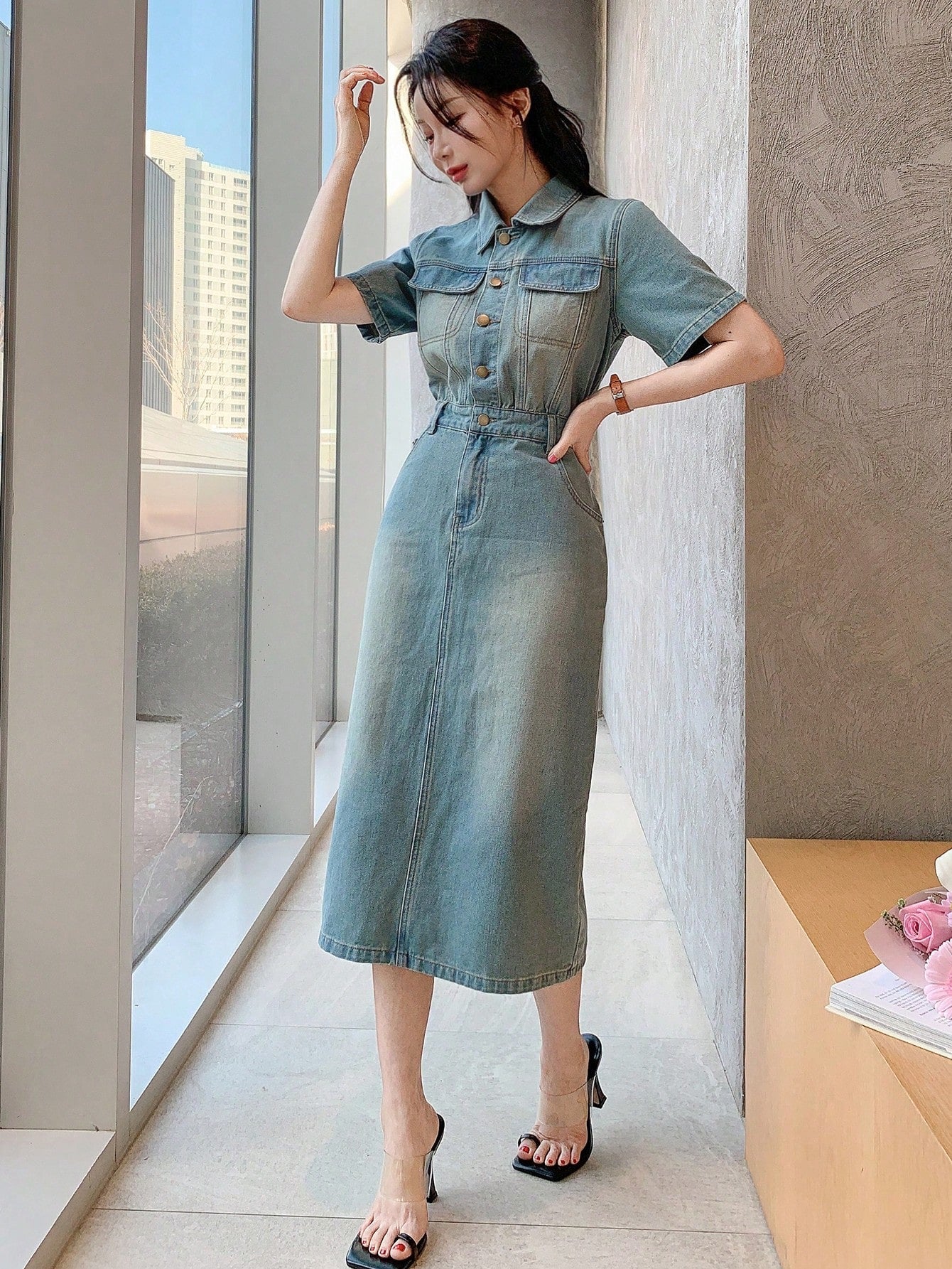 CM-DS655556 Women Casual Seoul Style Collar Neckline Medium Wash Slit Pocket Denim Dress