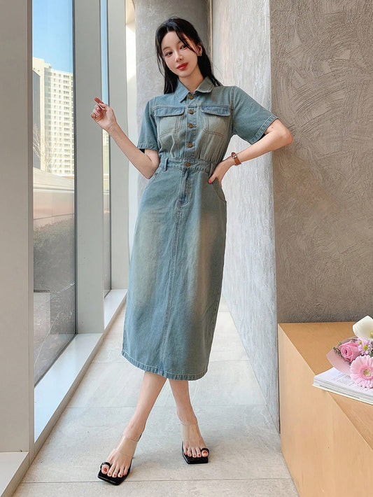 CM-DS655556 Women Casual Seoul Style Collar Neckline Medium Wash Slit Pocket Denim Dress