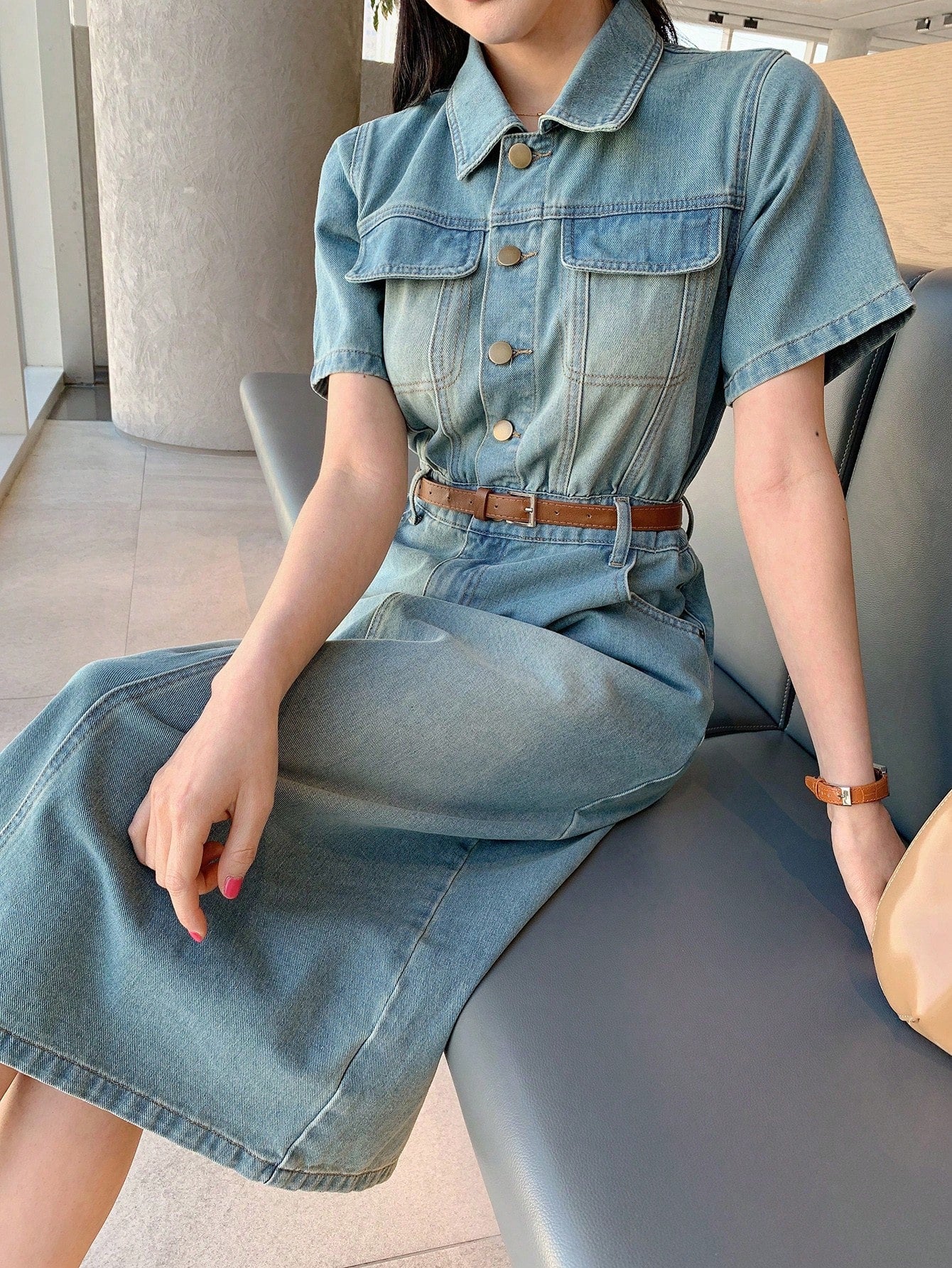 CM-DS655556 Women Casual Seoul Style Collar Neckline Medium Wash Slit Pocket Denim Dress