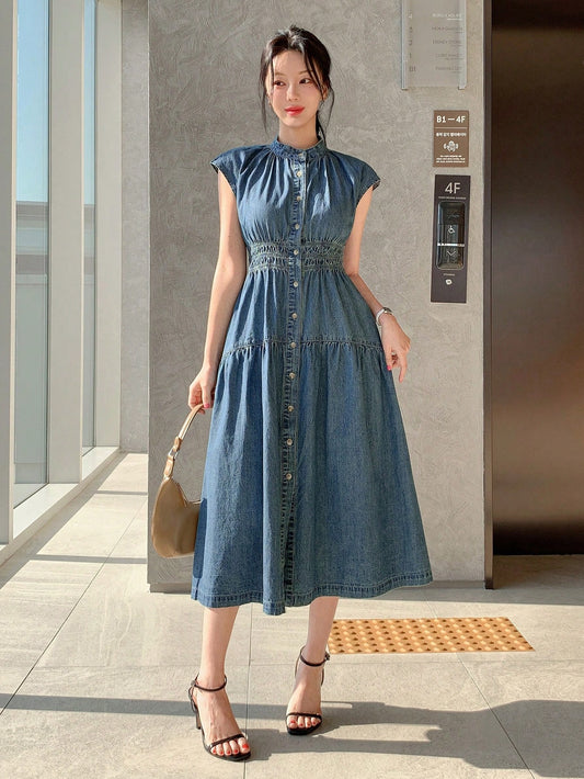 CM-DS398821 Women Casual Seoul Style Medium Wash Round Neck Short Sleeve Midi Denim Dress
