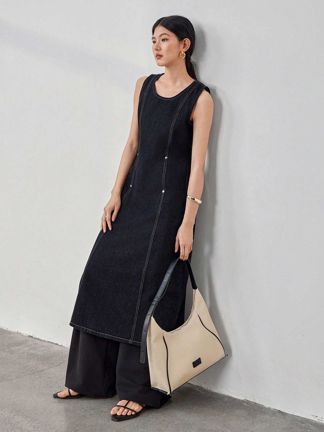 CM-DS862662 Women Casual Seoul Style Round Neck 3D Cut Waist Sleeveless Denim Dress - Black