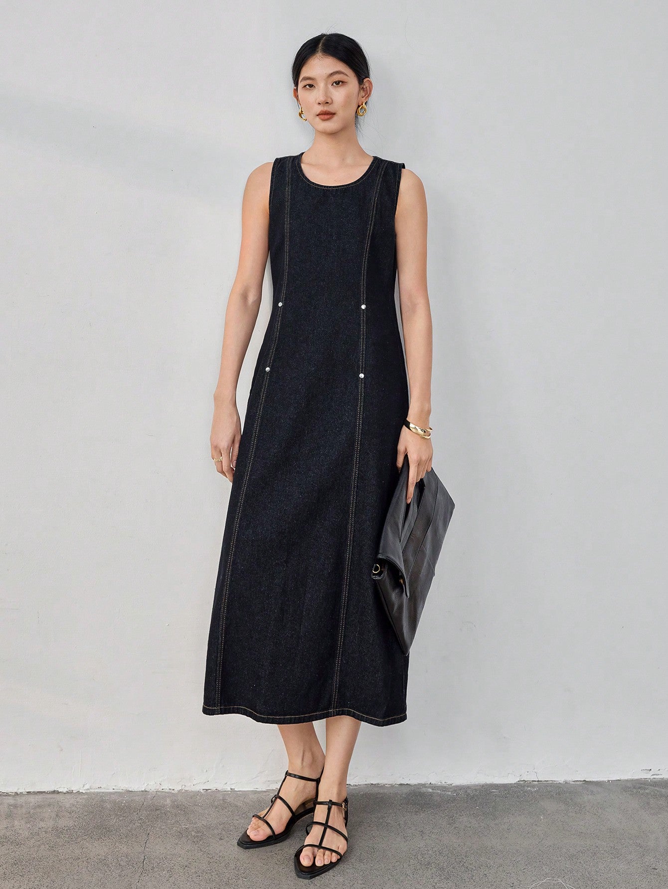 CM-DS862662 Women Casual Seoul Style Round Neck 3D Cut Waist Sleeveless Denim Dress - Black