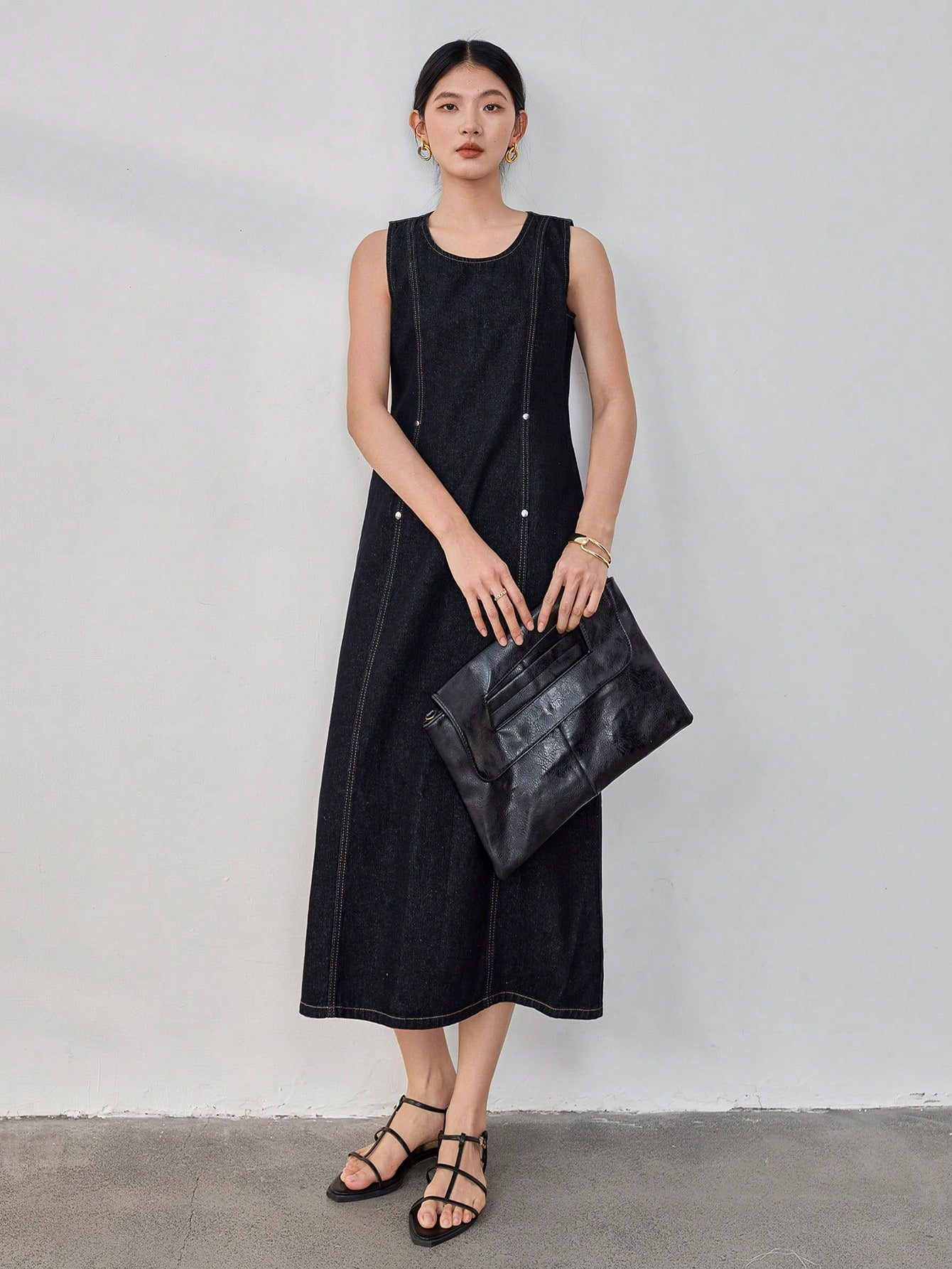 CM-DS862662 Women Casual Seoul Style Round Neck 3D Cut Waist Sleeveless Denim Dress - Black