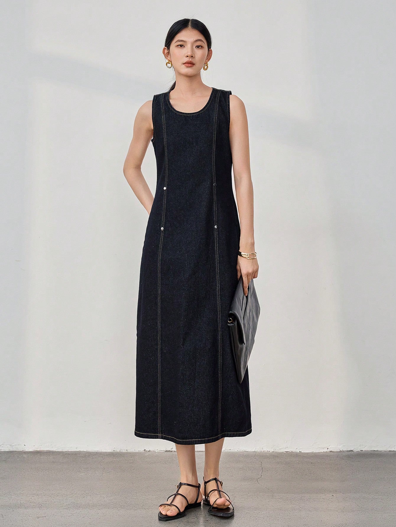 CM-DS862662 Women Casual Seoul Style Round Neck 3D Cut Waist Sleeveless Denim Dress - Black