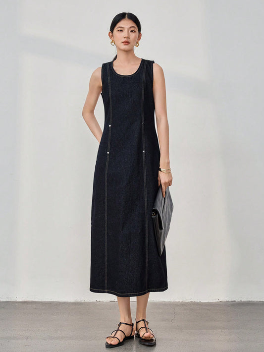 CM-DS862662 Women Casual Seoul Style Round Neck 3D Cut Waist Sleeveless Denim Dress - Black