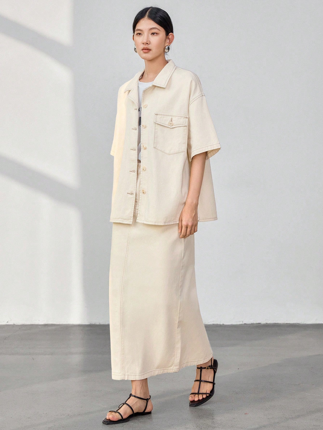 CM-SS311081 Women Casual Seoul Style Drop Shoulder Short Sleeve Top With Denim Skirt - Set