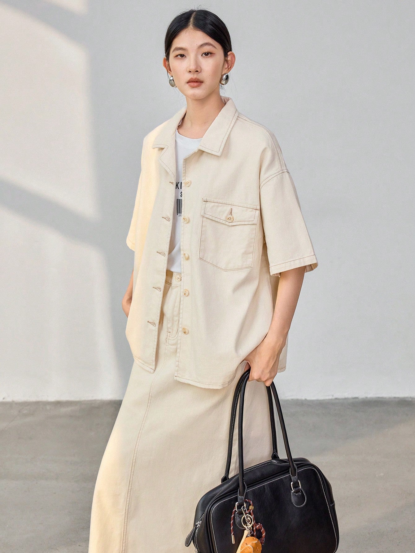 CM-SS311081 Women Casual Seoul Style Drop Shoulder Short Sleeve Top With Denim Skirt - Set