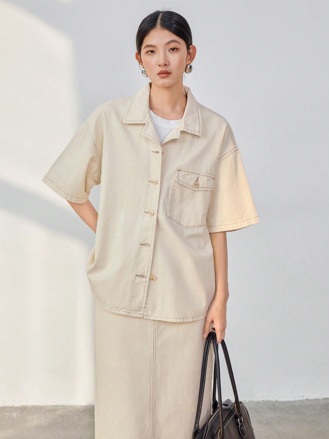 CM-SS311081 Women Casual Seoul Style Drop Shoulder Short Sleeve Top With Denim Skirt - Set