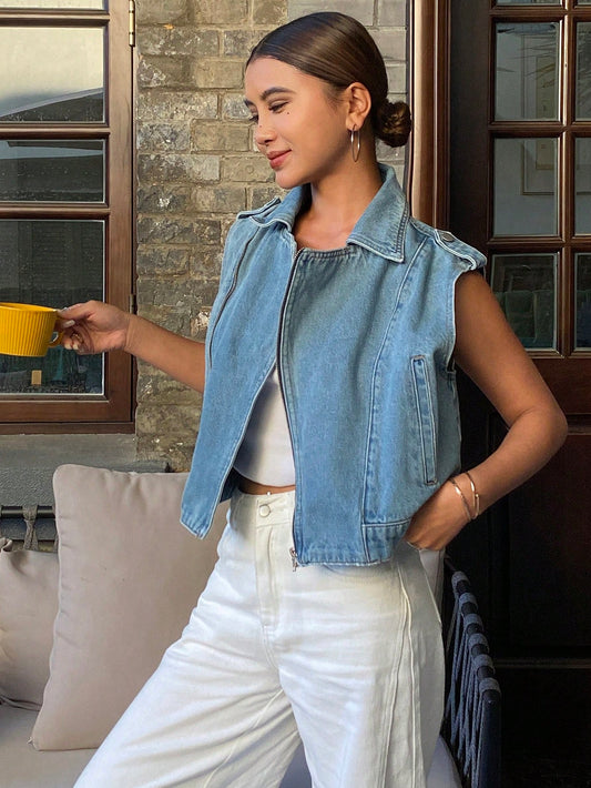 CM-CS811872 Women Casual Seoul Style Medium Wash Collar Neckline Sleeveless Zip-Up Denim Vest