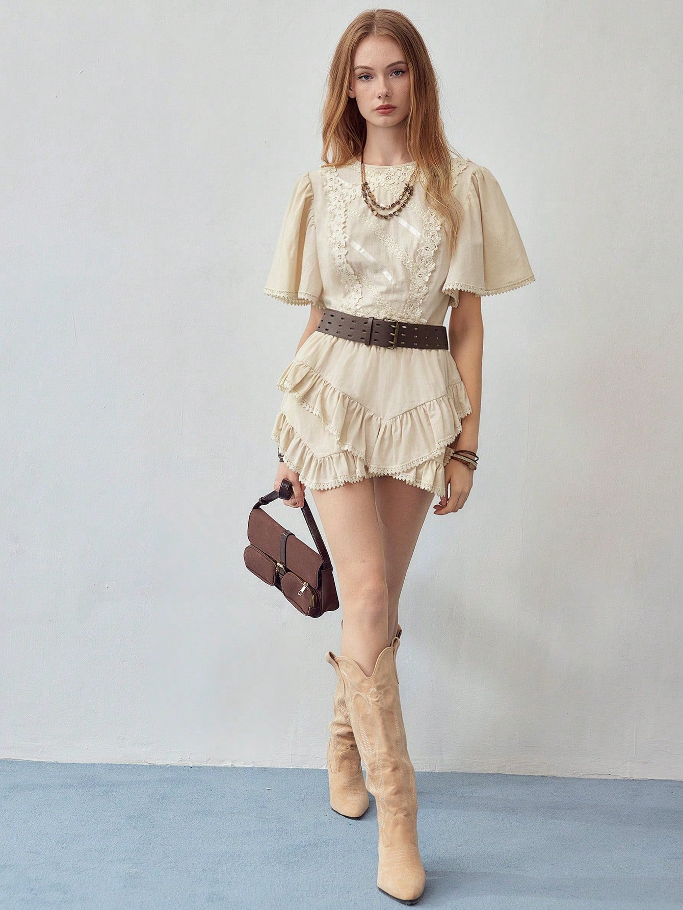 CM-TS509245 Women Casual Seoul Style Contrast Lace Round Neck Batwing Sleeve Zipper Blouse - Apricot