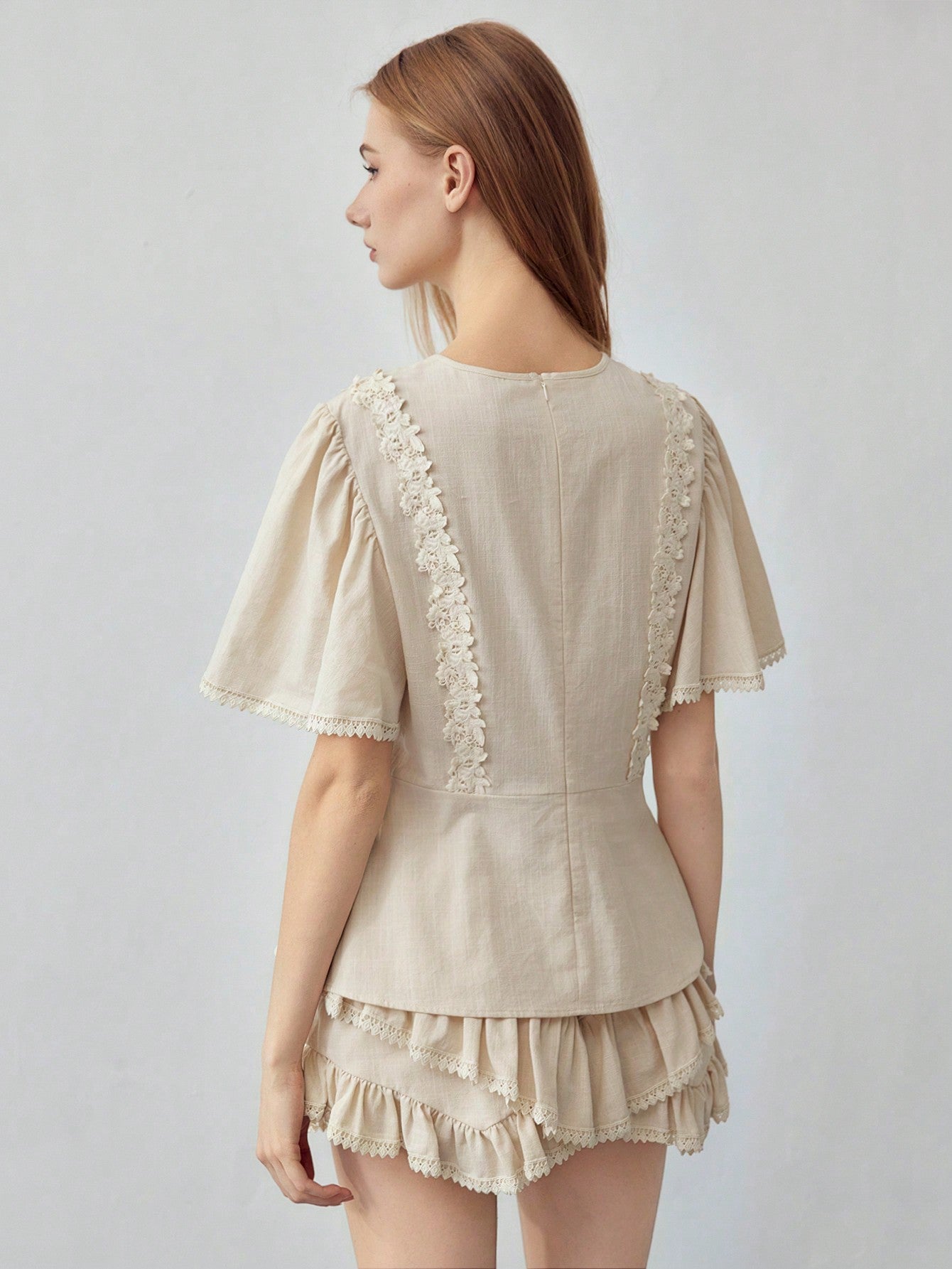 CM-TS509245 Women Casual Seoul Style Contrast Lace Round Neck Batwing Sleeve Zipper Blouse - Apricot