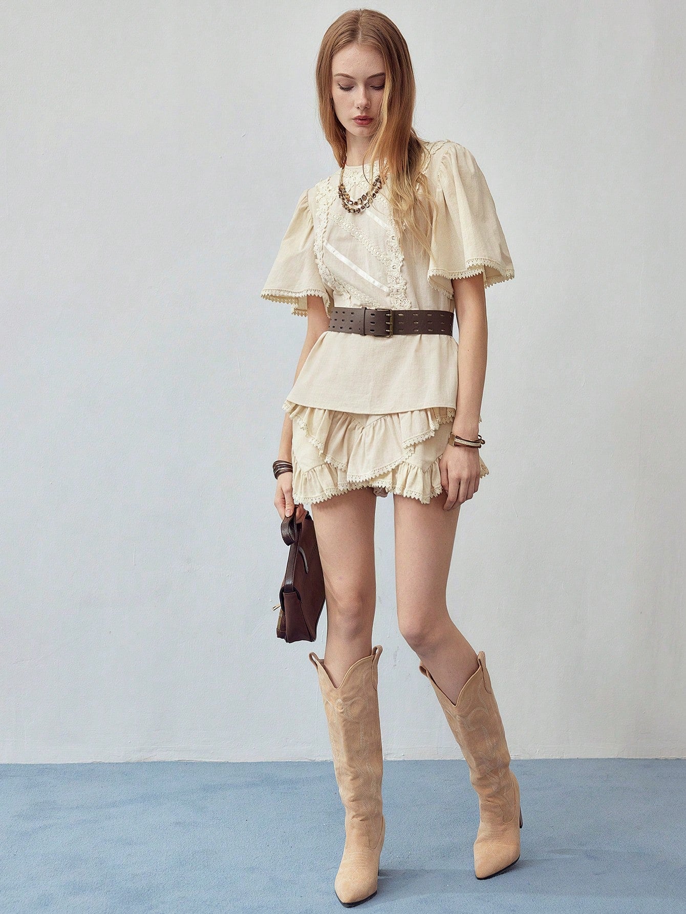 CM-TS509245 Women Casual Seoul Style Contrast Lace Round Neck Batwing Sleeve Zipper Blouse - Apricot