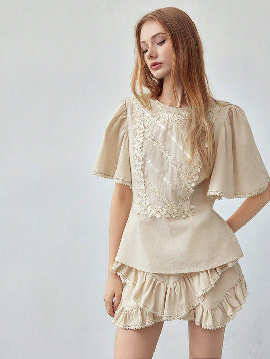 CM-TS509245 Women Casual Seoul Style Contrast Lace Round Neck Batwing Sleeve Zipper Blouse - Apricot