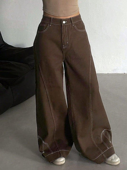 CM-BS890943 Women Casual Seoul Style Distressed Washed Decorative Pocket Wide Leg Jeans - Redwood
