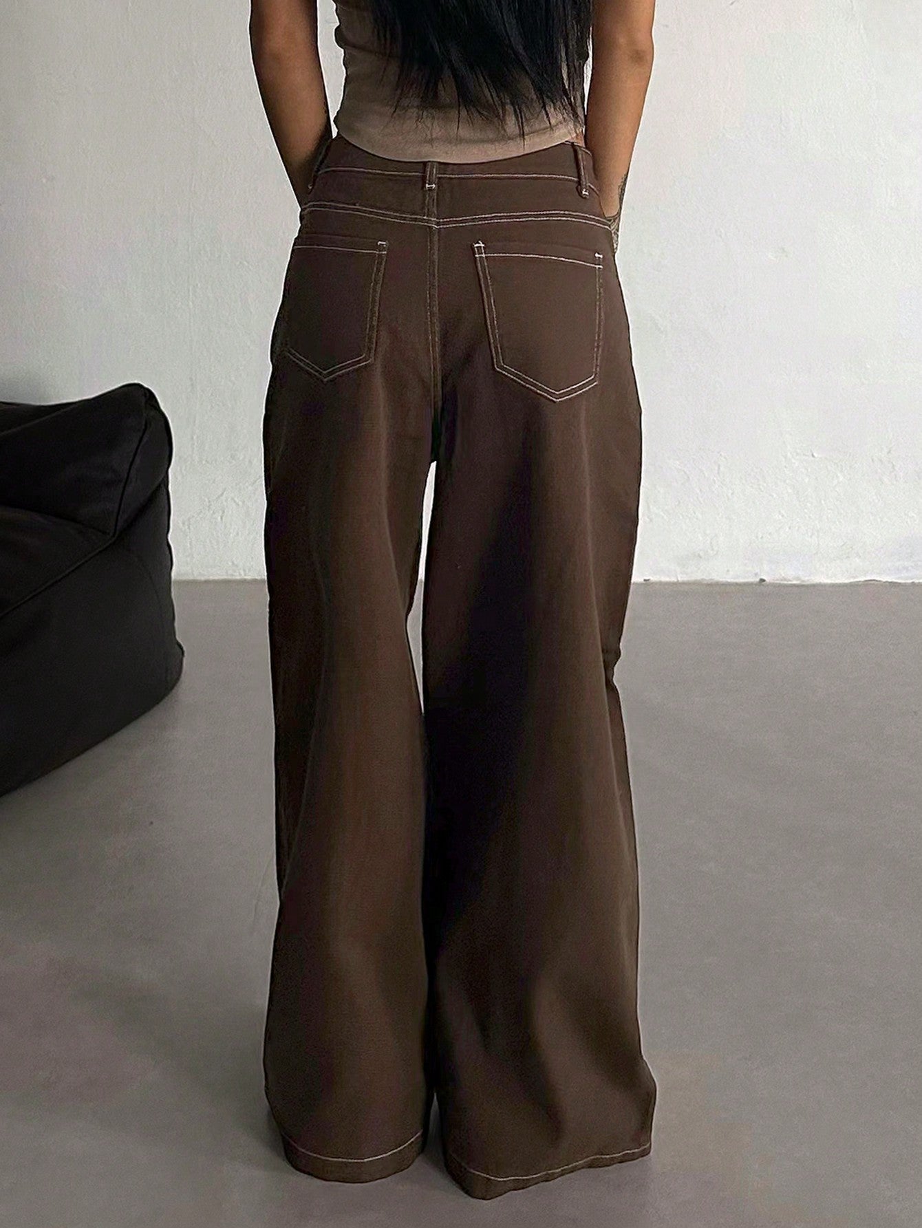 CM-BS890943 Women Casual Seoul Style Distressed Washed Decorative Pocket Wide Leg Jeans - Redwood
