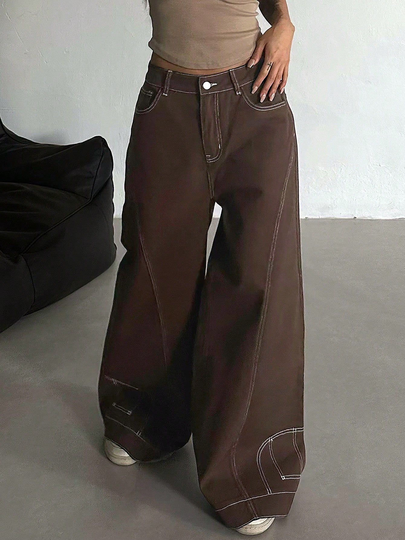 CM-BS890943 Women Casual Seoul Style Distressed Washed Decorative Pocket Wide Leg Jeans - Redwood