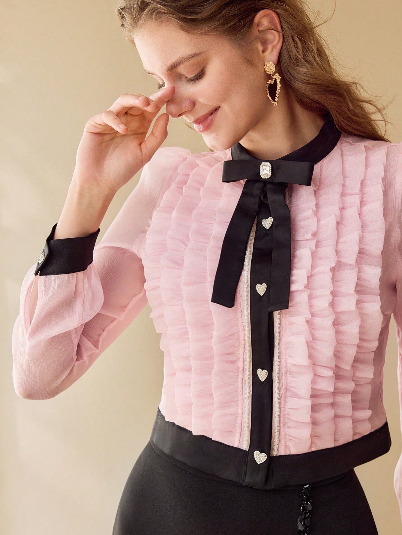 CM-TS910022 Women Elegant Seoul Style Stand Collar Puff Sleeve Colorblock Ruffle Trim Blouse - Pink