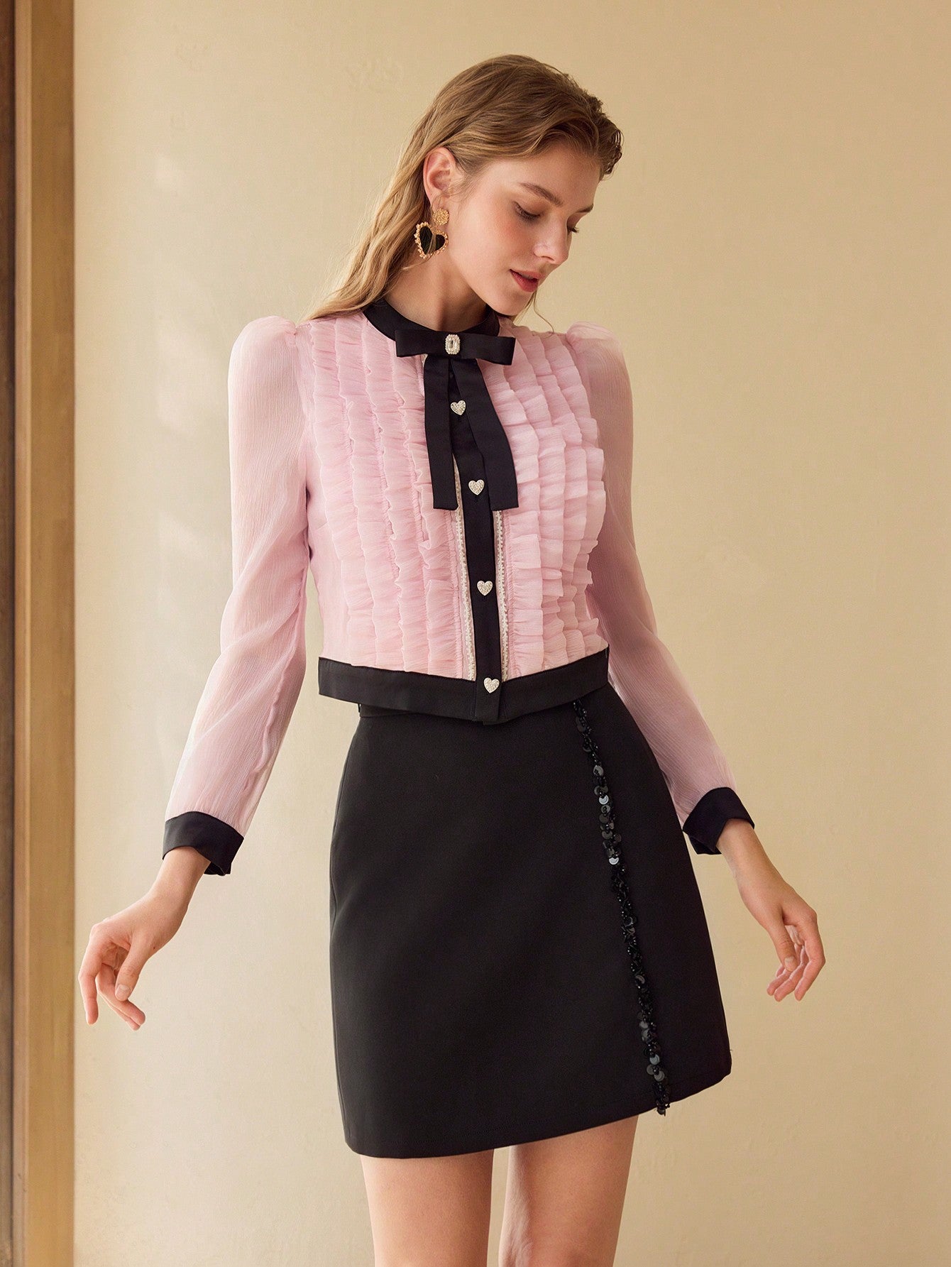 CM-TS910022 Women Elegant Seoul Style Stand Collar Puff Sleeve Colorblock Ruffle Trim Blouse - Pink