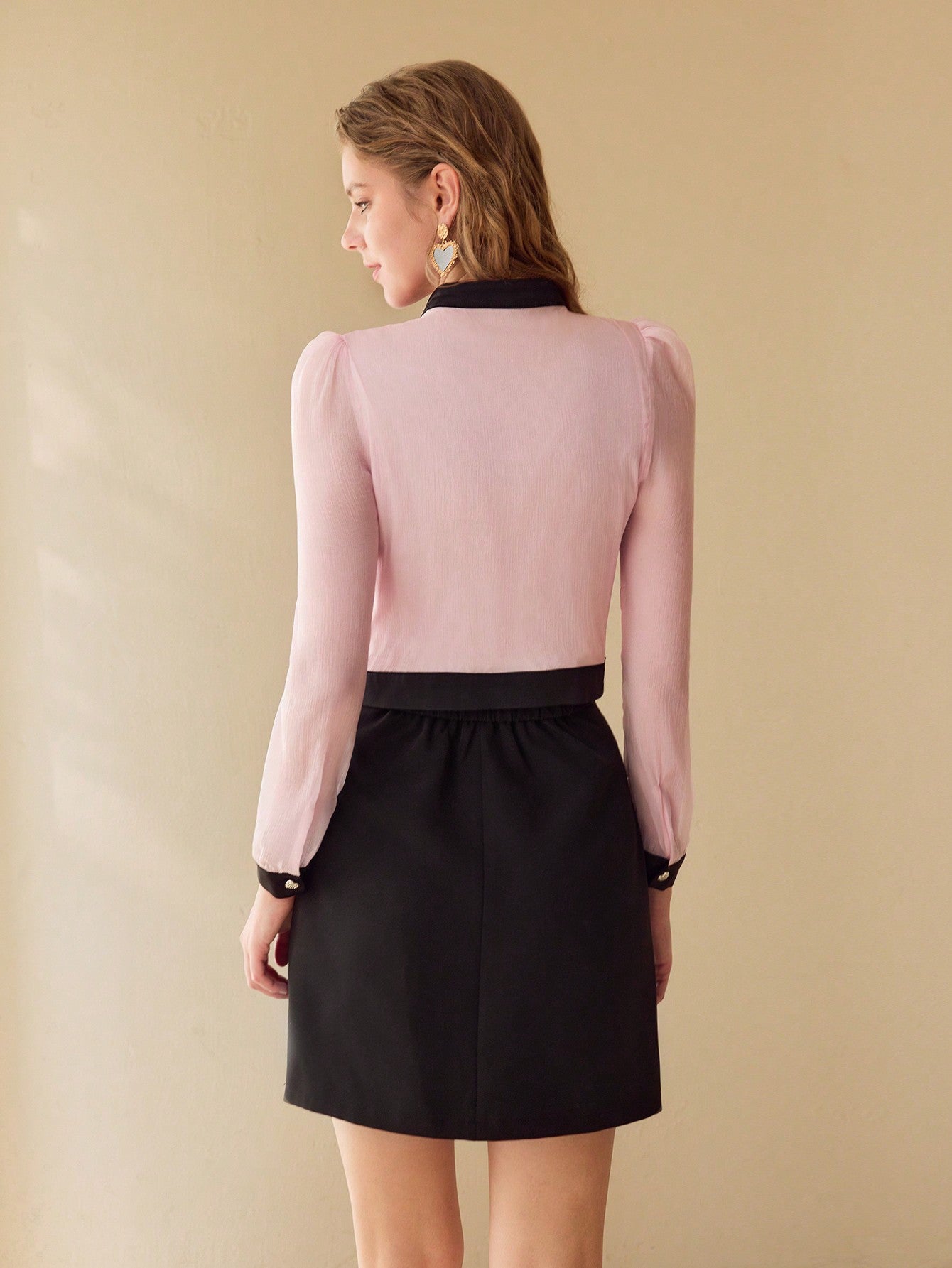 CM-TS910022 Women Elegant Seoul Style Stand Collar Puff Sleeve Colorblock Ruffle Trim Blouse - Pink