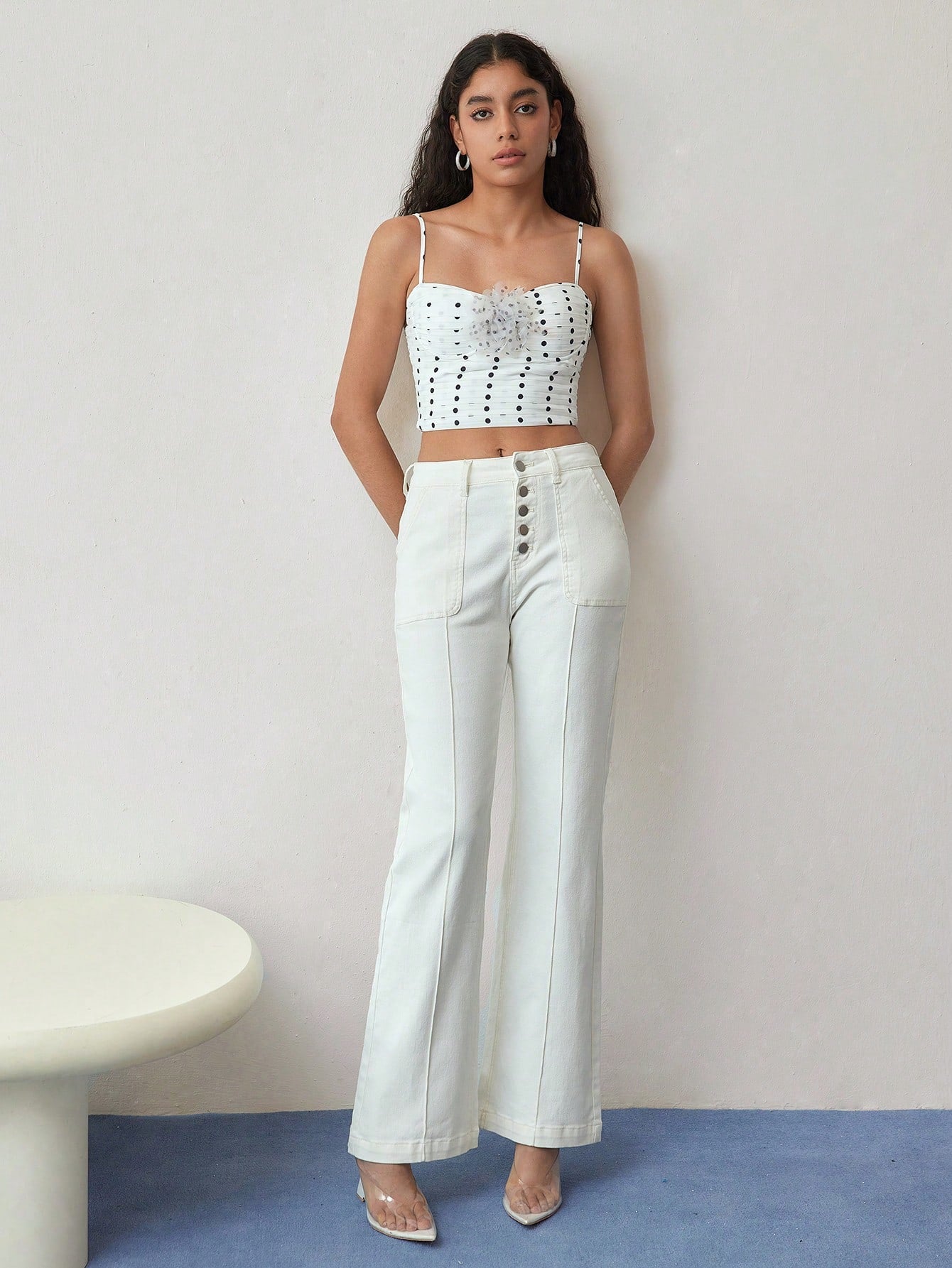 CM-BS135837 Women Casual Seoul Style Button Fly Pintuck Flare Leg Jeans - White