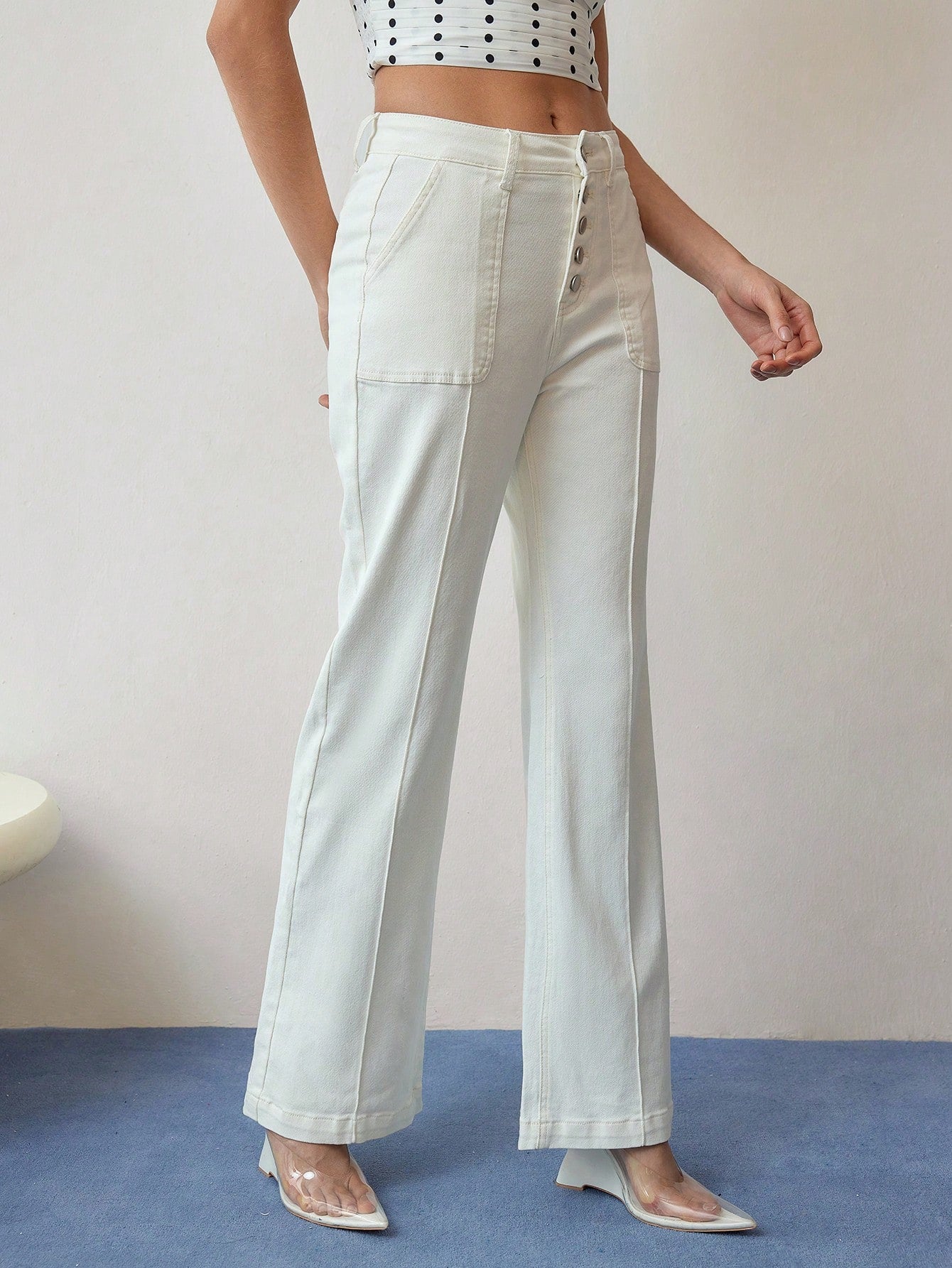 CM-BS135837 Women Casual Seoul Style Button Fly Pintuck Flare Leg Jeans - White