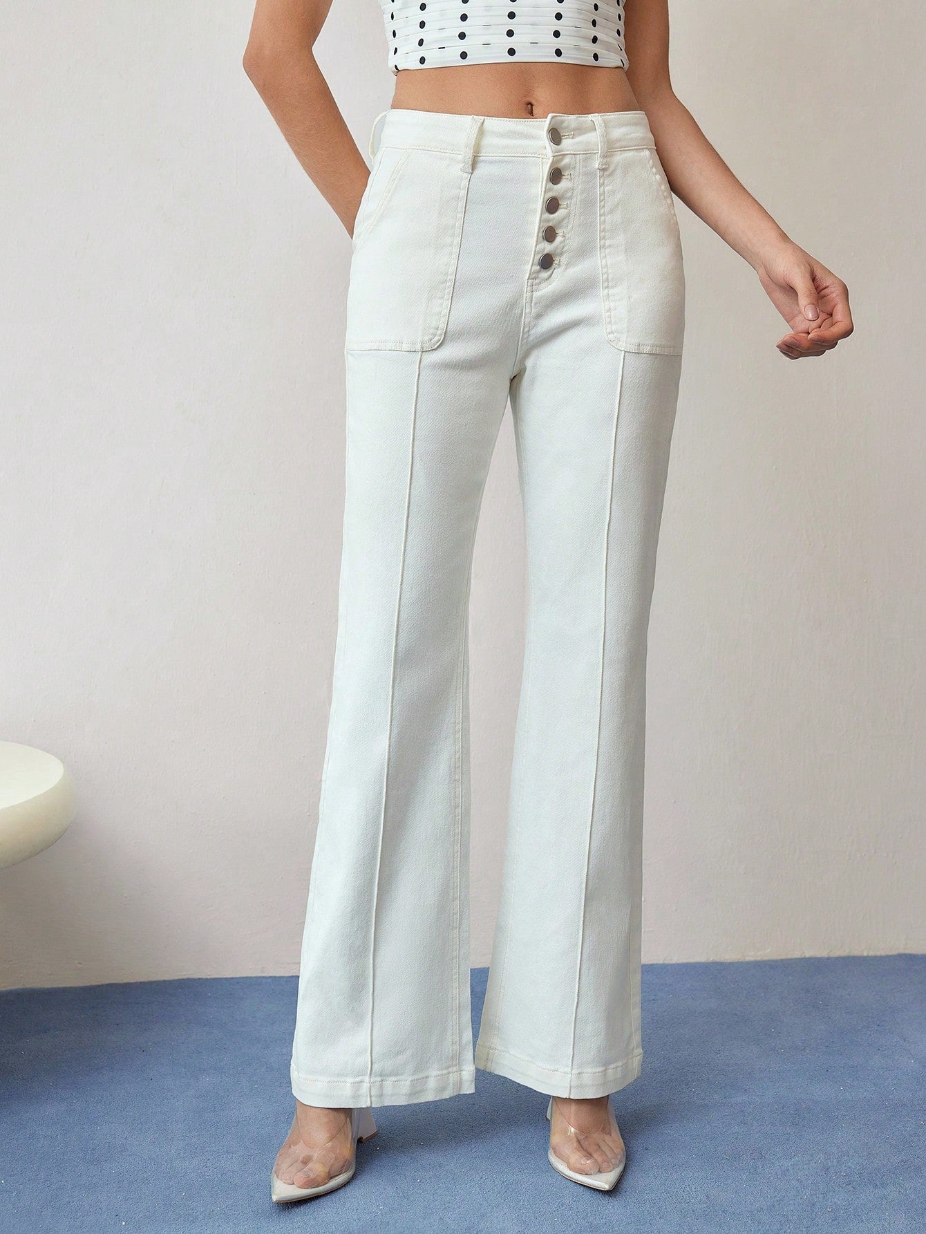 CM-BS135837 Women Casual Seoul Style Button Fly Pintuck Flare Leg Jeans - White