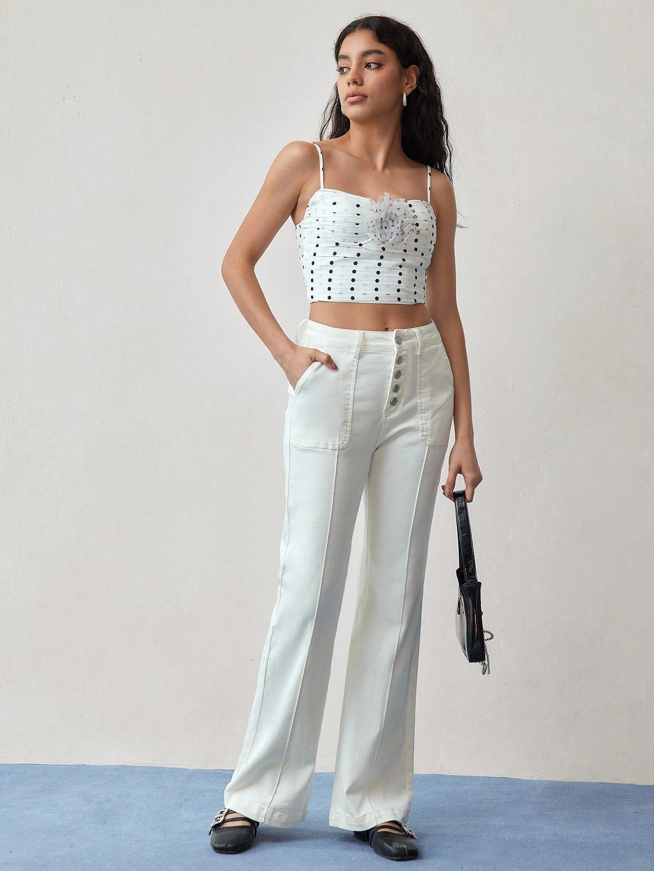 CM-BS135837 Women Casual Seoul Style Button Fly Pintuck Flare Leg Jeans - White