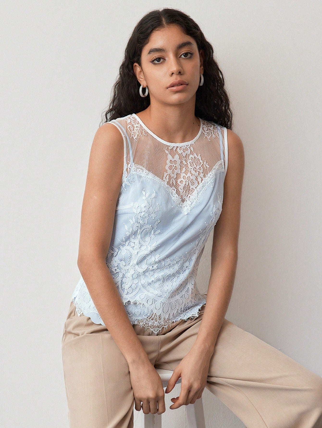 CM-TS111887 Women Elegant Seoul Style Contrast Lace Round Neck Sleeveless Blouse - Blue