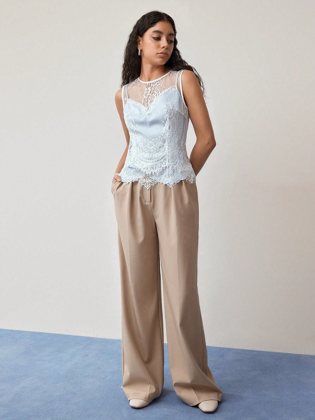 CM-TS111887 Women Elegant Seoul Style Contrast Lace Round Neck Sleeveless Blouse - Blue