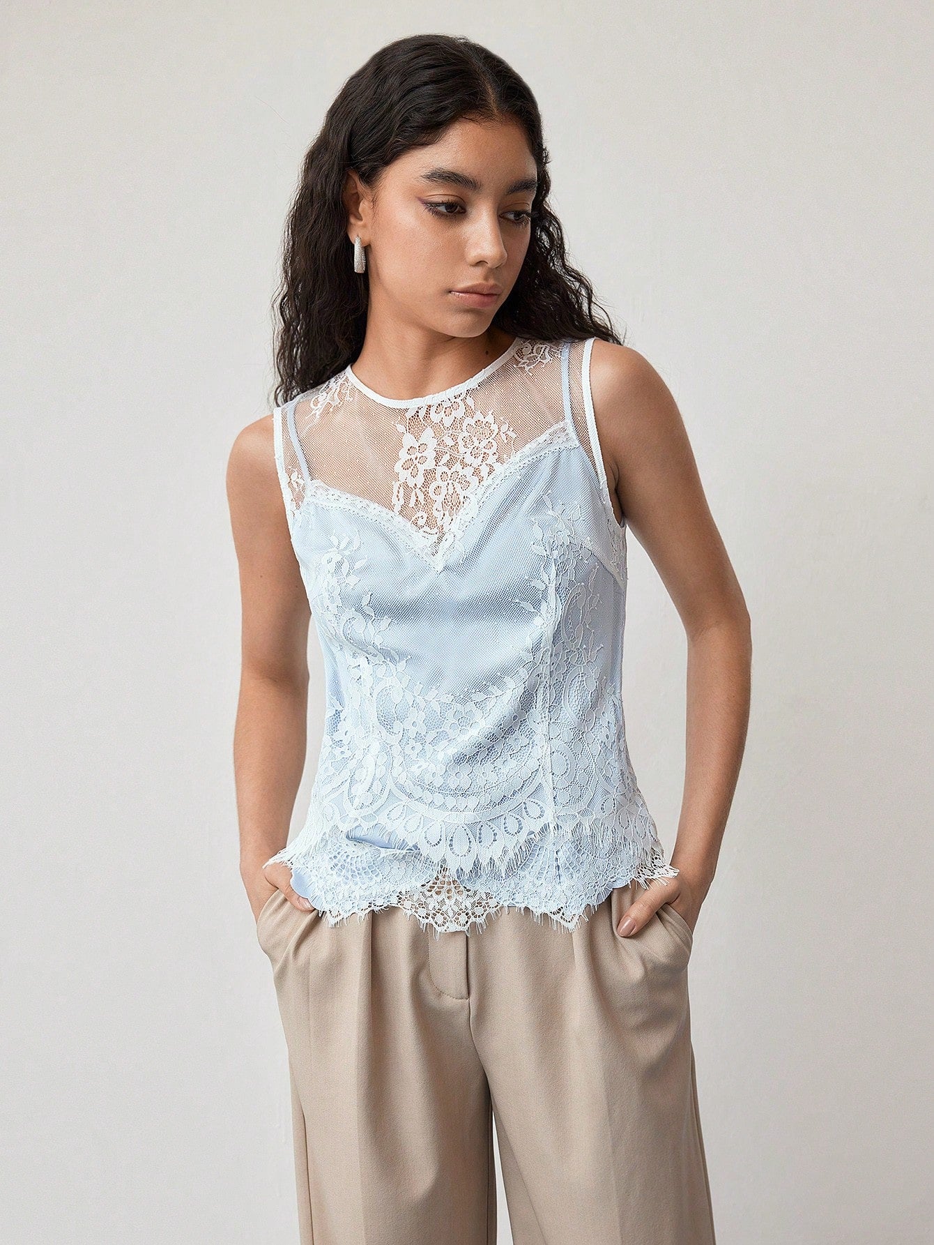 CM-TS111887 Women Elegant Seoul Style Contrast Lace Round Neck Sleeveless Blouse - Blue