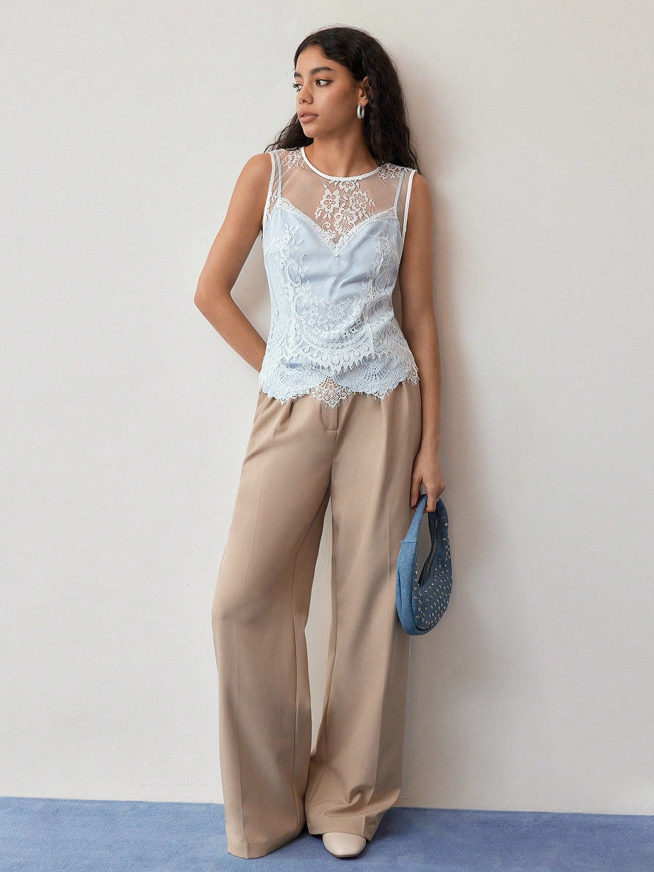 CM-TS111887 Women Elegant Seoul Style Contrast Lace Round Neck Sleeveless Blouse - Blue