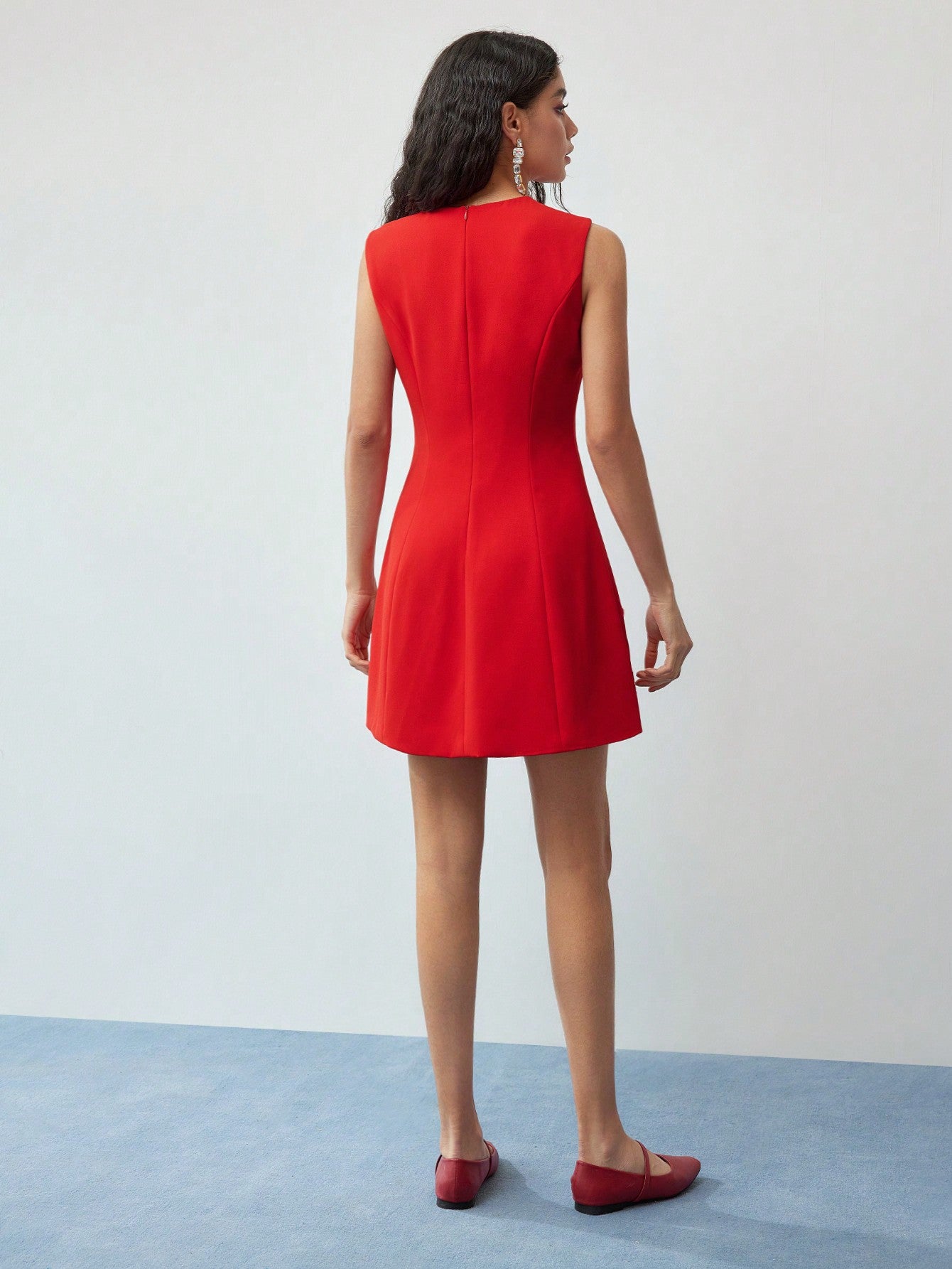 CM-DS862666 Women Elegant Seoul Style Round Neck Sleeveless Floral Patched Mid Waist Mini Dress - Red