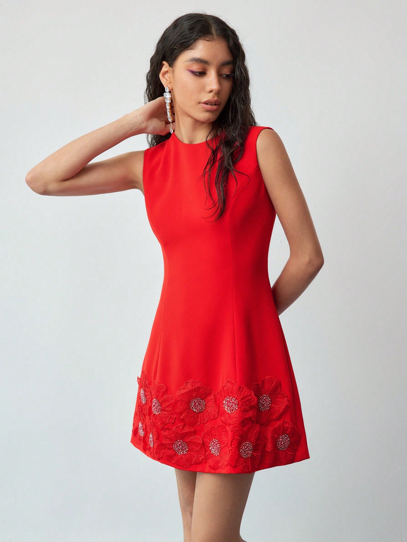 CM-DS862666 Women Elegant Seoul Style Round Neck Sleeveless Floral Patched Mid Waist Mini Dress - Red