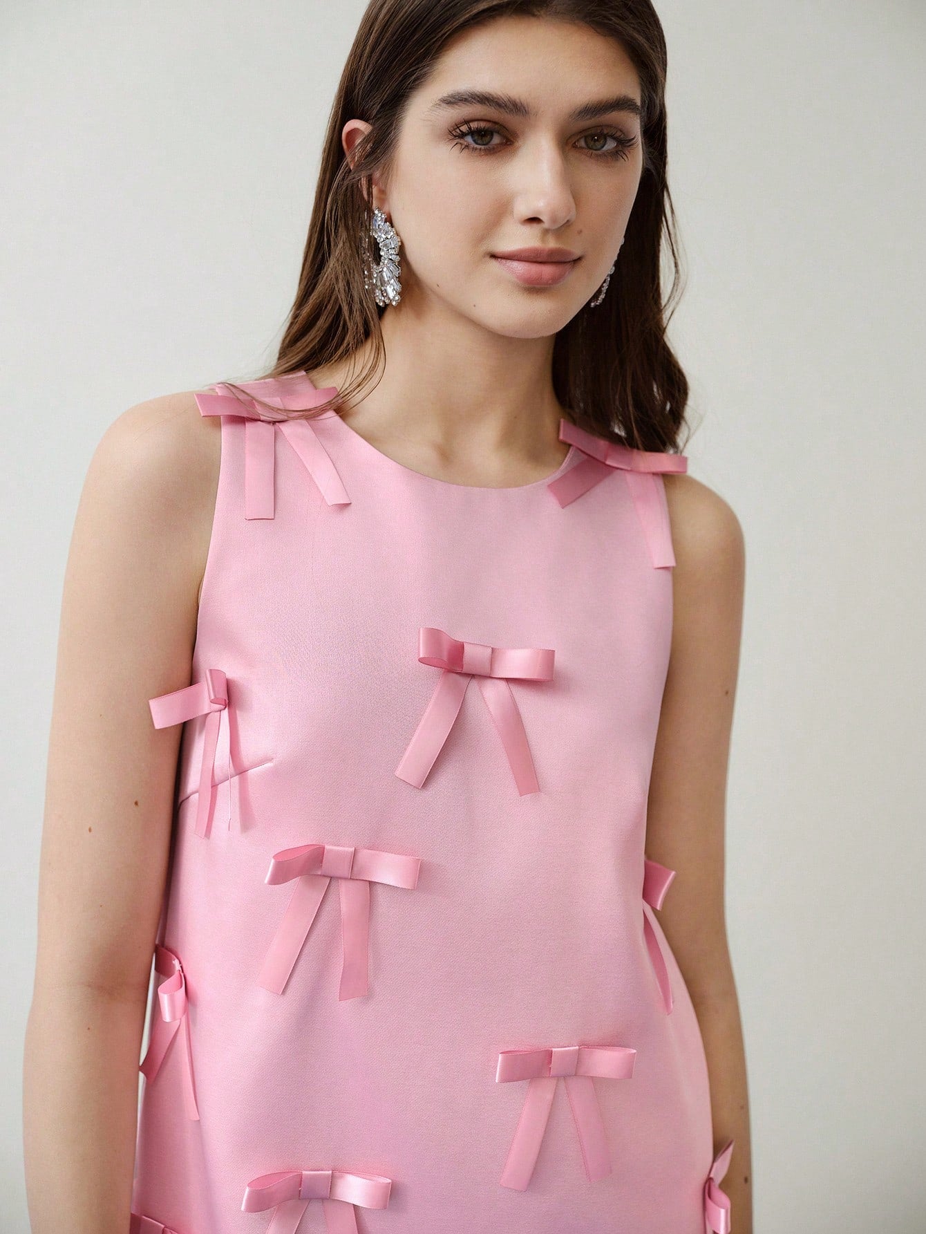 CM-DS929499 Women Elegant Seoul Style Round Neck Sleeveless Bow Decor Short Dress - Pink