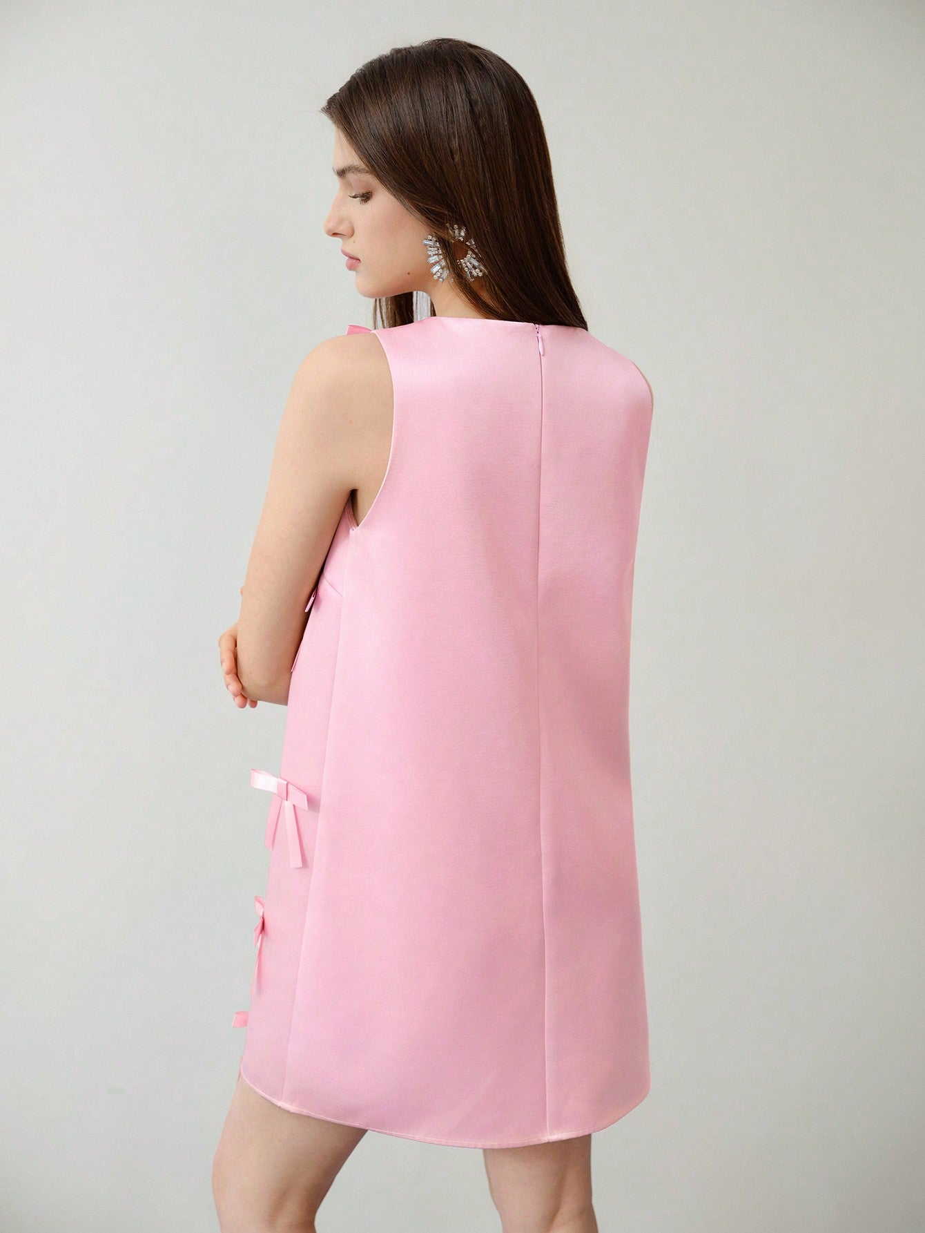 CM-DS929499 Women Elegant Seoul Style Round Neck Sleeveless Bow Decor Short Dress - Pink