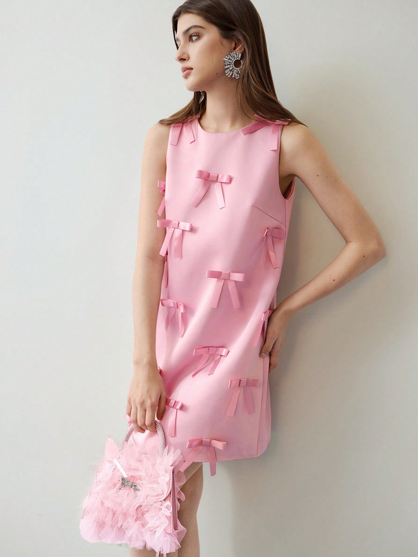 CM-DS929499 Women Elegant Seoul Style Round Neck Sleeveless Bow Decor Short Dress - Pink