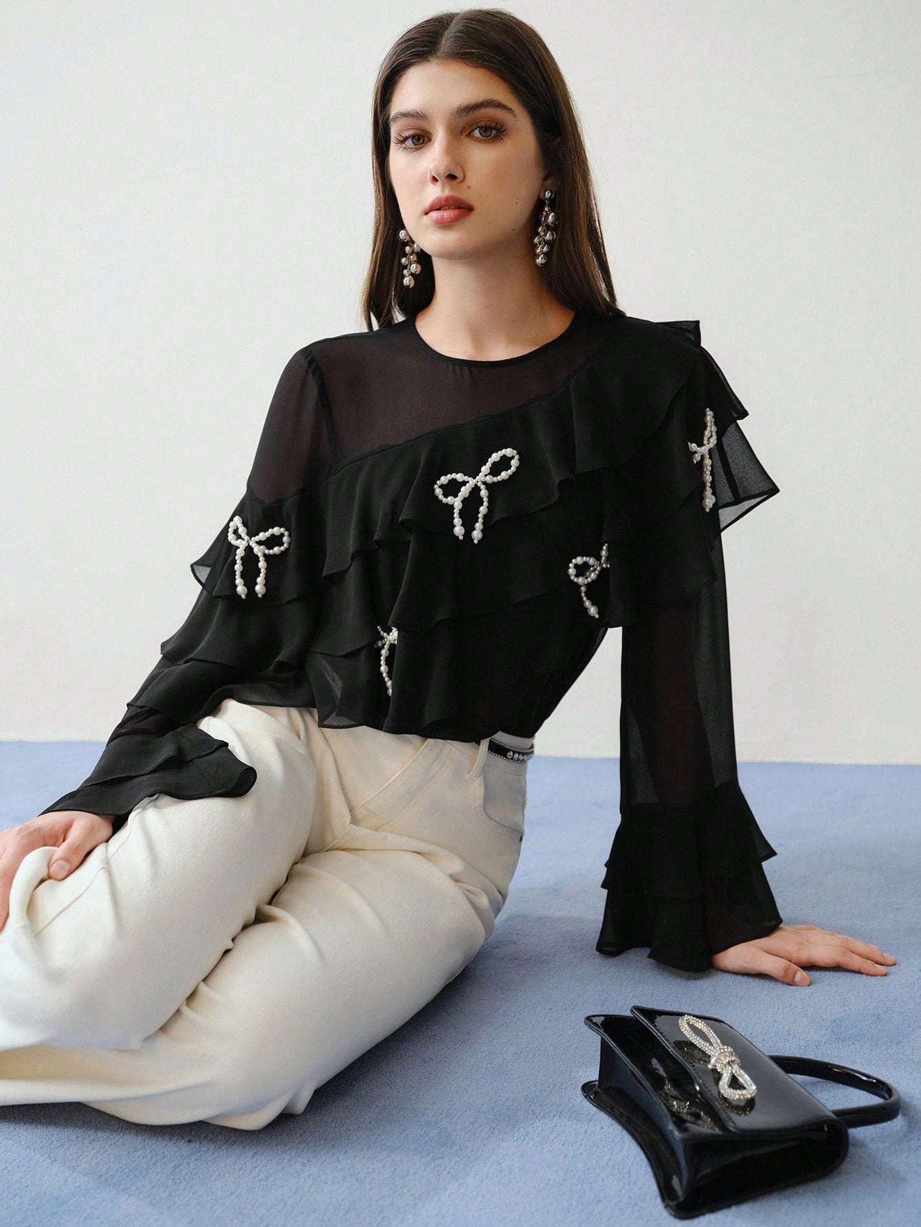 CM-TS404049 Women Elegant Seoul Style Faux Pearl Bow Decor Long Sleeve Ruffle Trim Blouse - Black